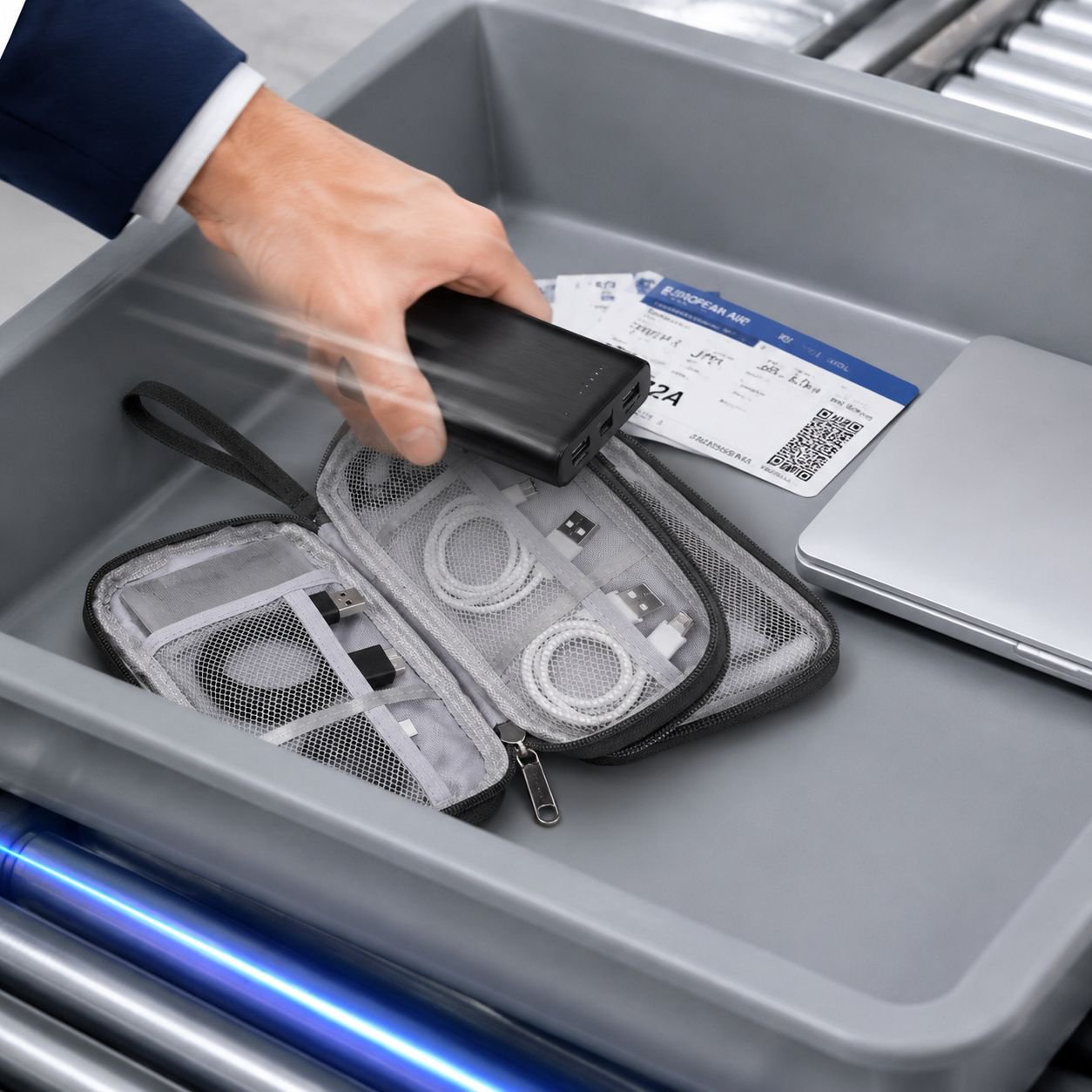 Intérieur de la trousse avec accessoires électroniques organisés