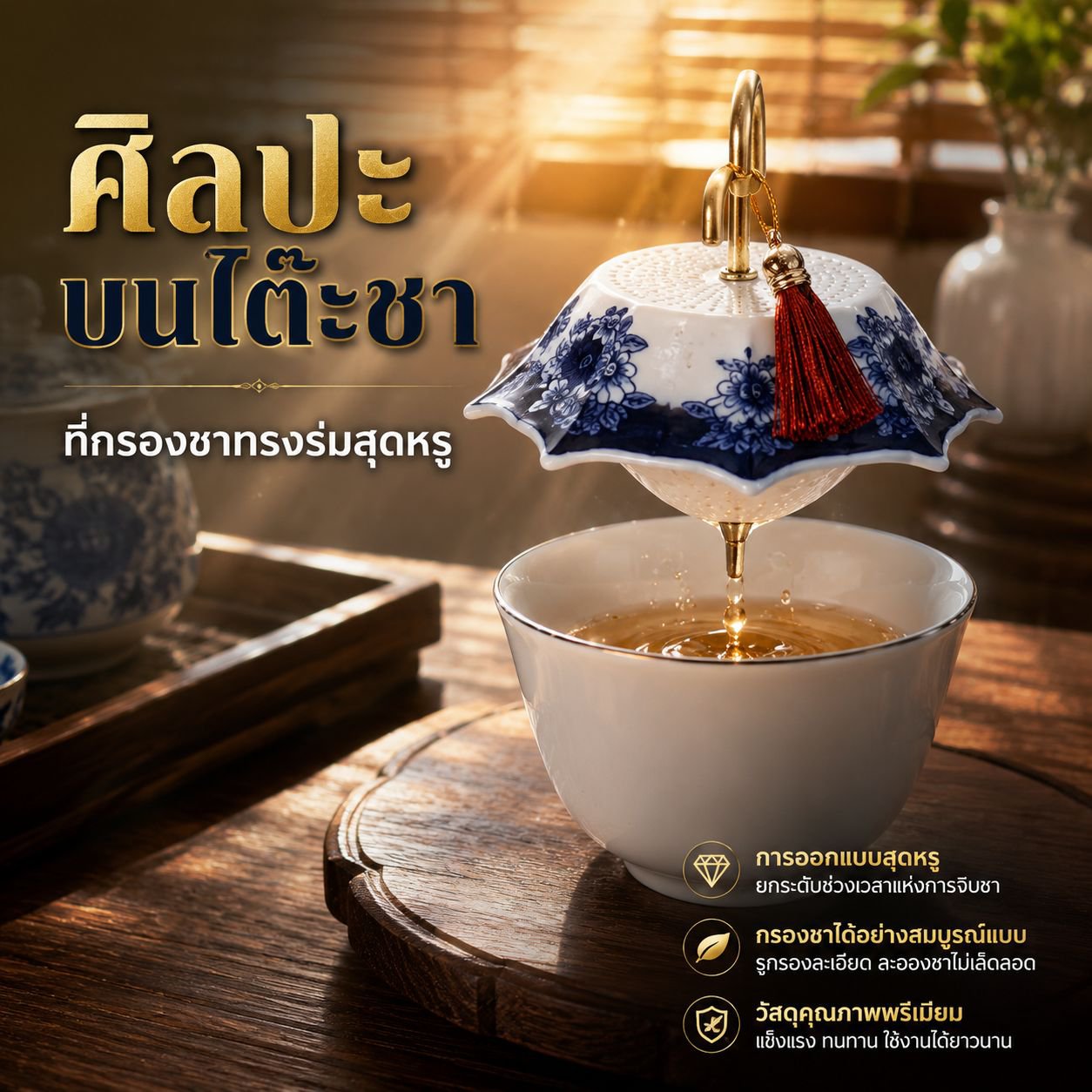 ที่กรองชาเซรามิกลายครามทรงร่ม อุปกรณ์เสริมสำหรับพิธีชงชา