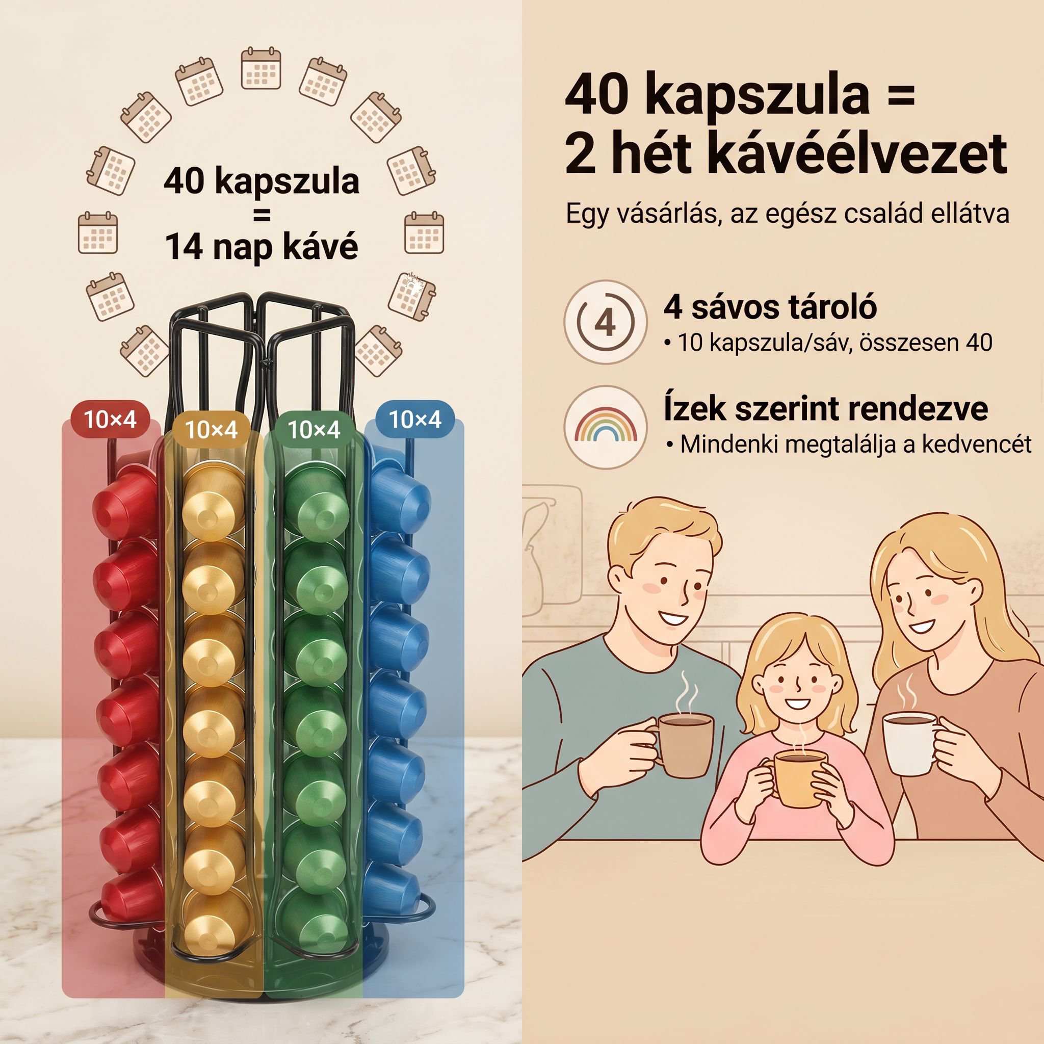 Multifunkciós kávékapszula tartó, forgatható fém állvány pultokra