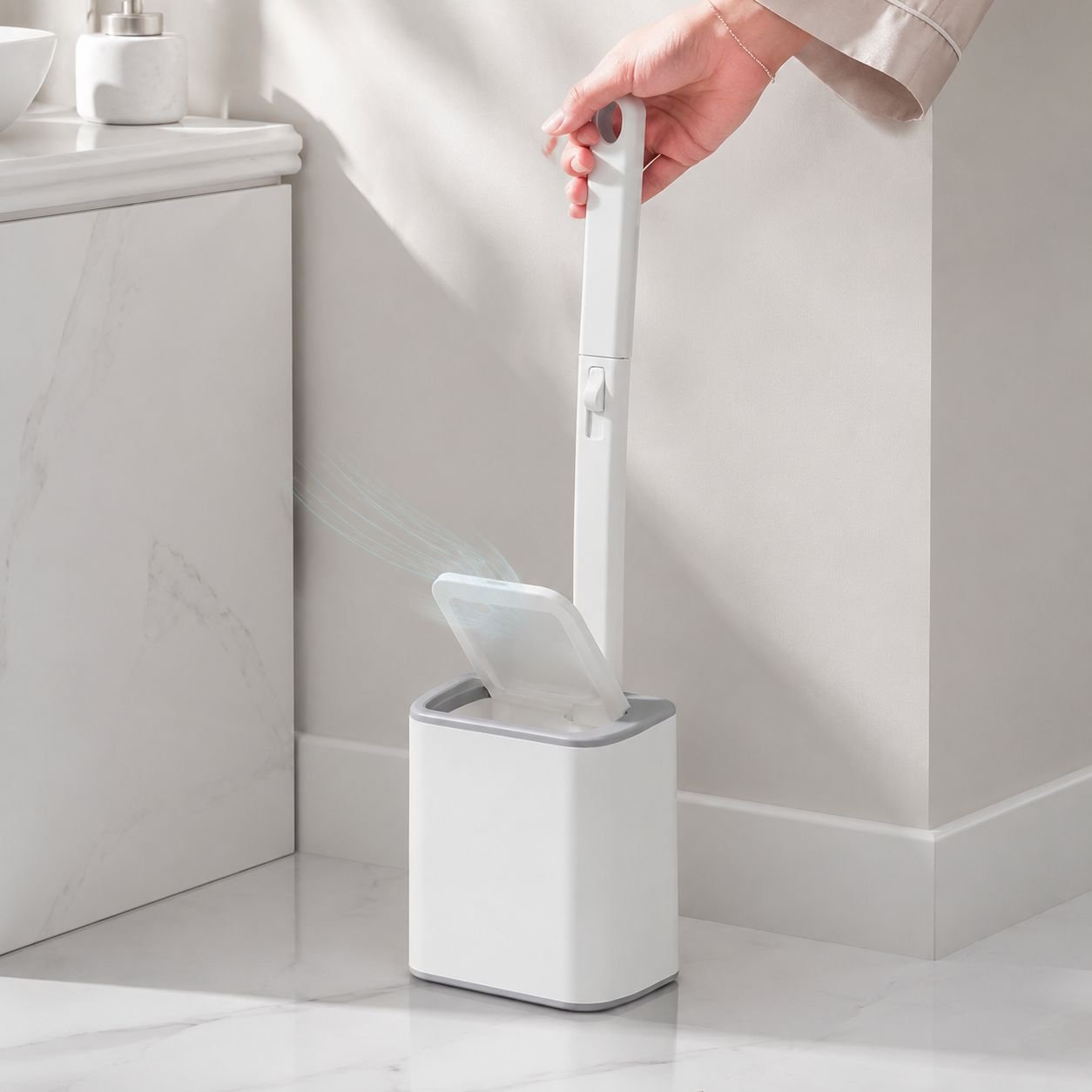 Ergonomic toilet brush handle and flip lid