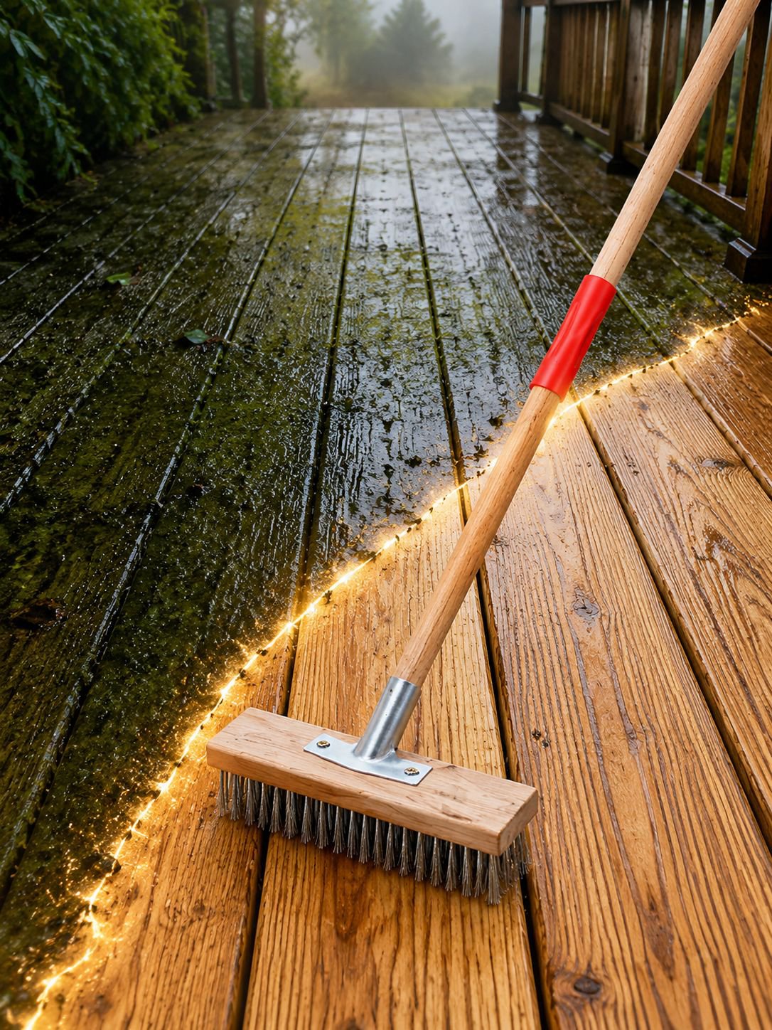 Close-up of bristles on bathroom floor brush