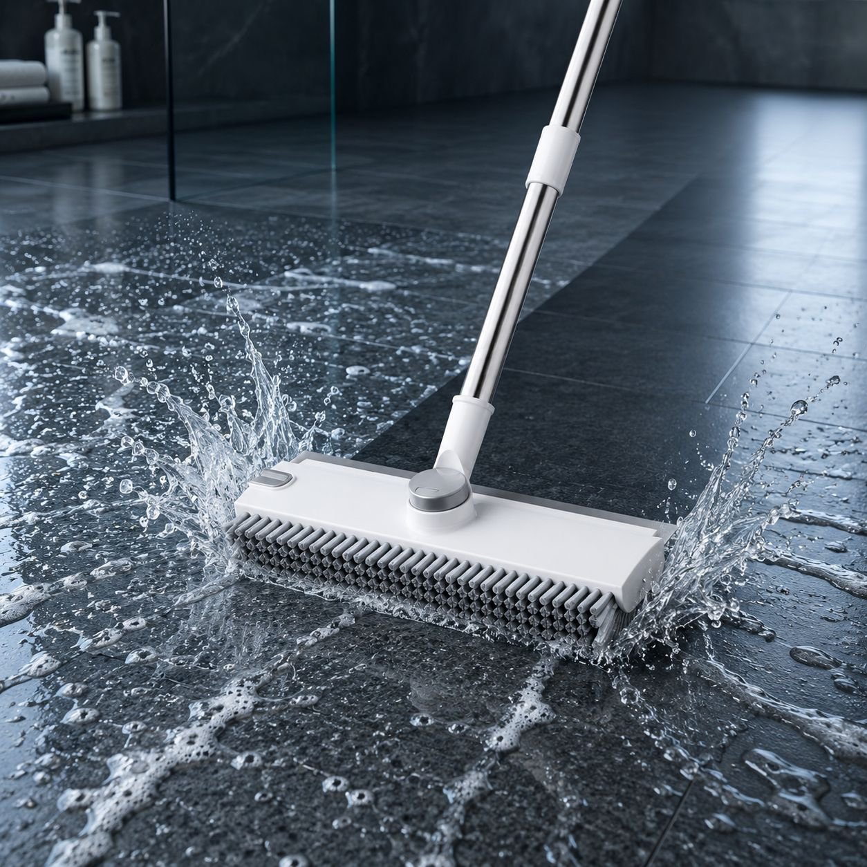Rotating floor brush cleaning bathroom tiles
