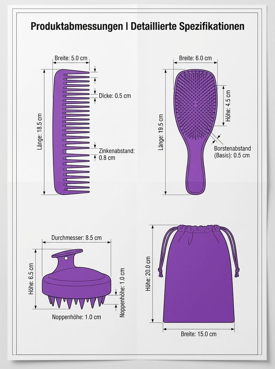 Detailansicht der vier Haarkämme im Set