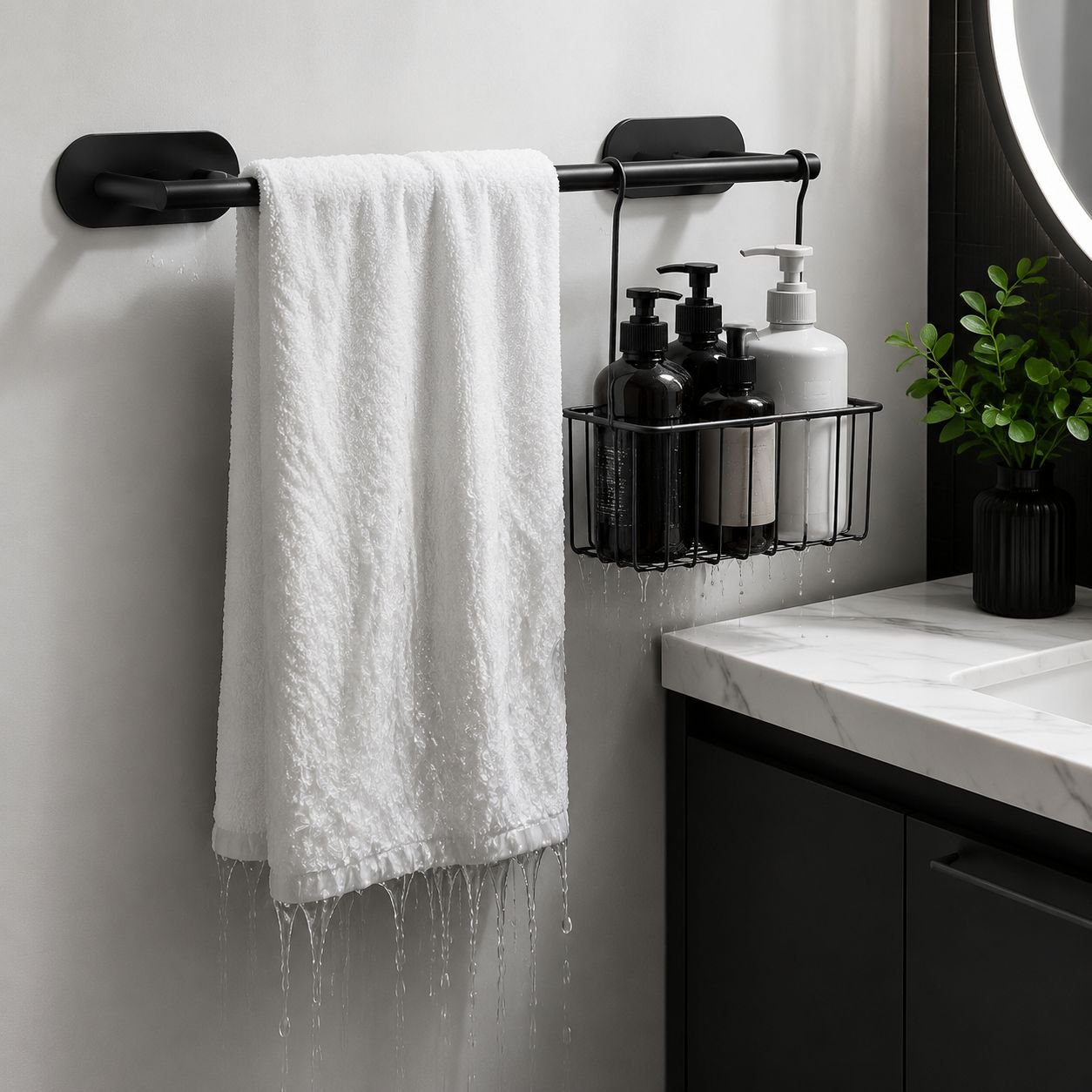 Towel ring and towel bar combination for small spaces