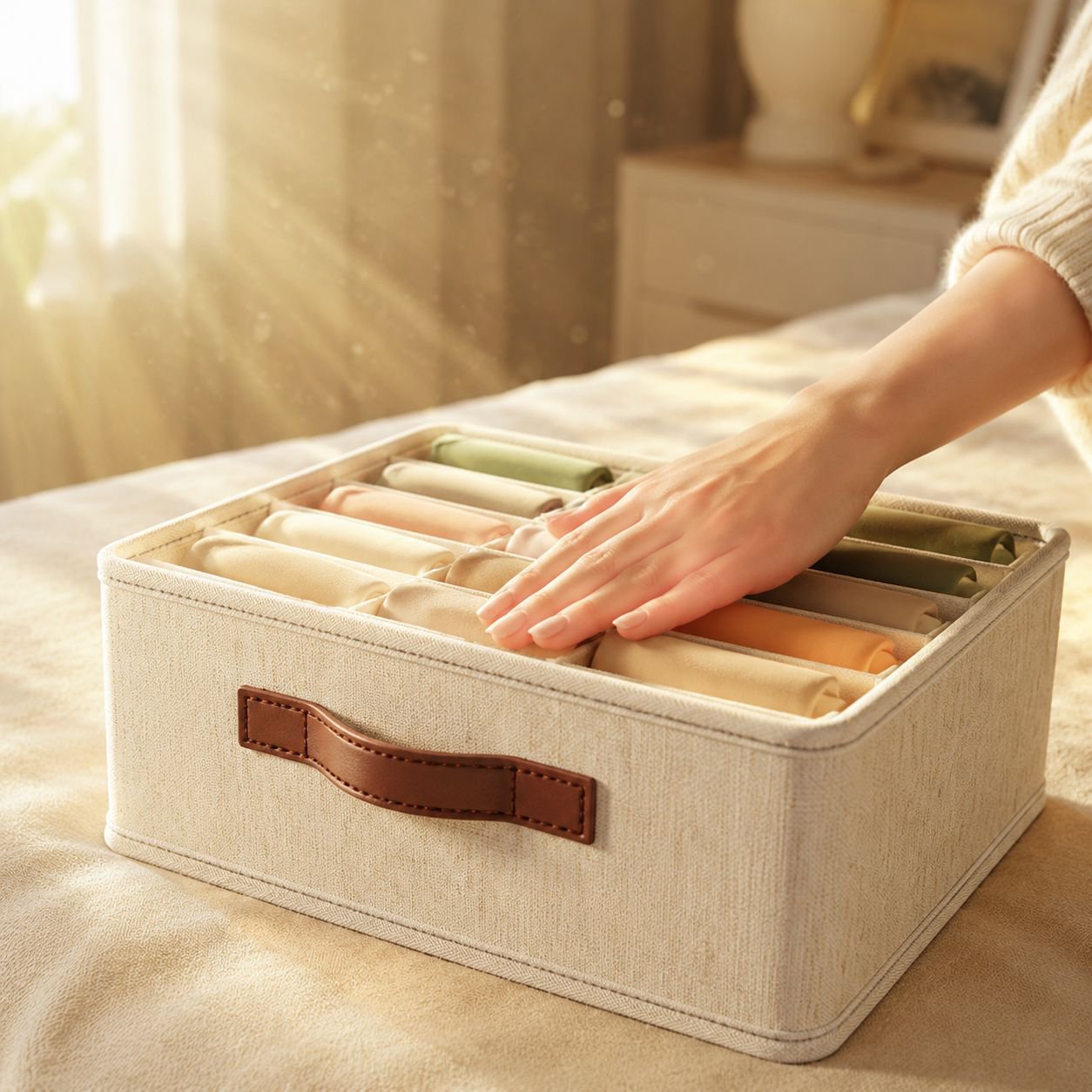Open storage box showing adjustable compartments