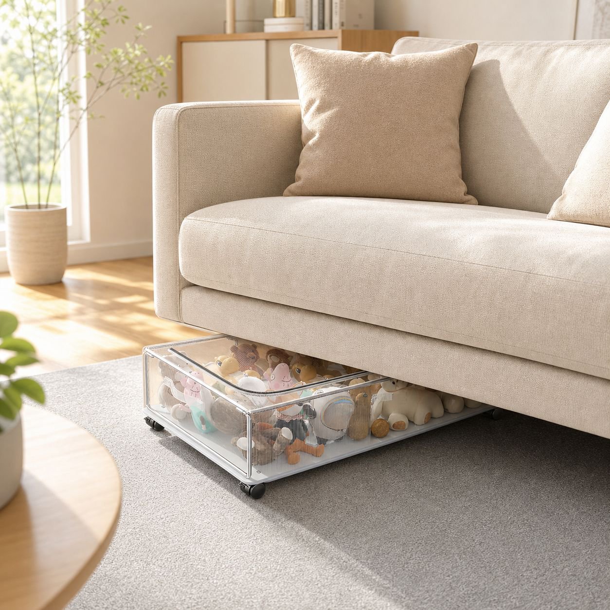 Transparente Aufbewahrungsbox unter dem Bett