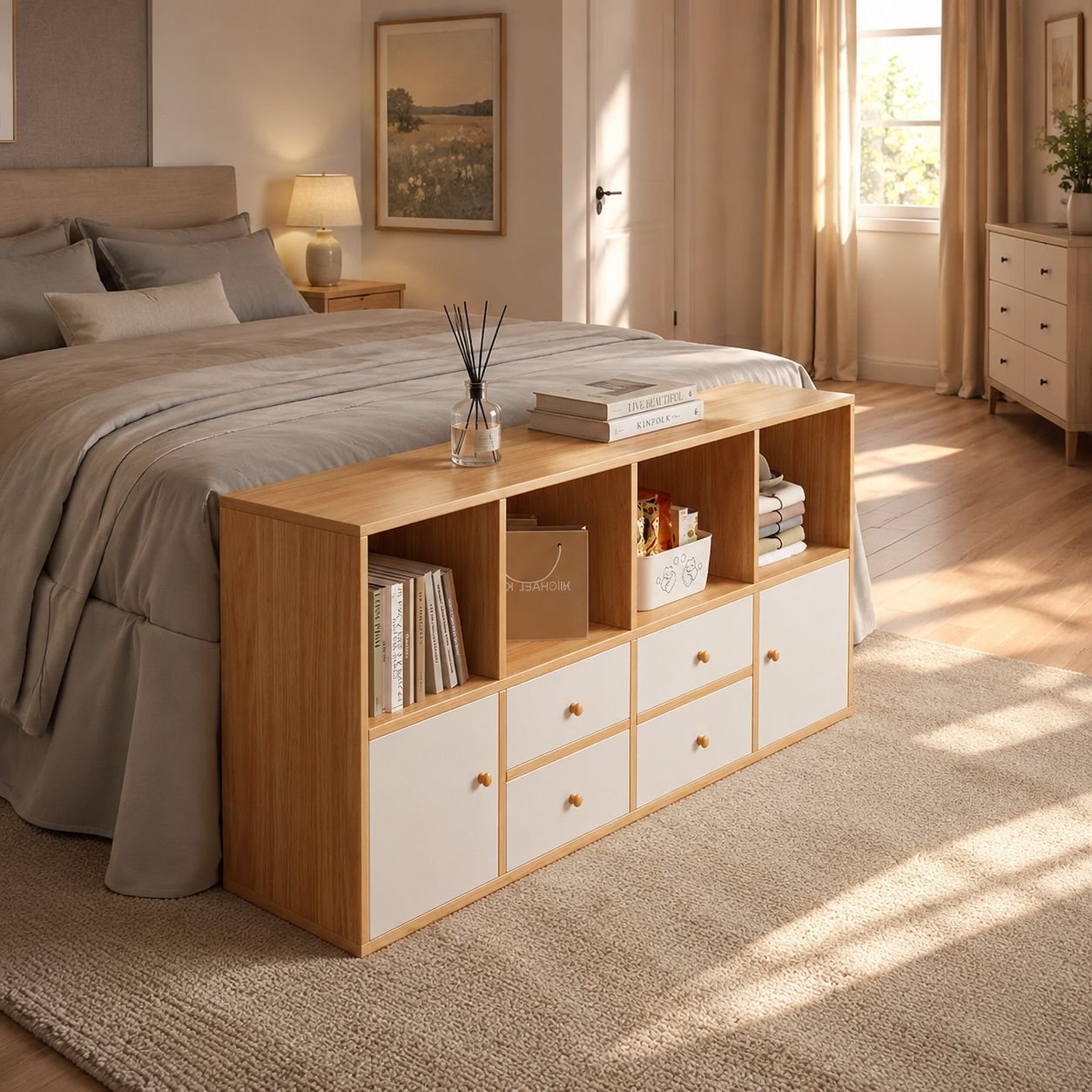 Modern Minimalist Bed End Storage Cabinet Half-surrounded Bedside Cabinet Against the Wall