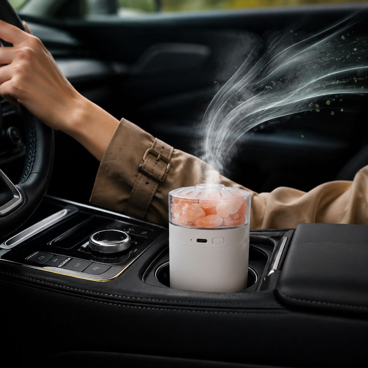 Wireless Charging Car Salt Lamp Humidifier with Colorful Ambient Light