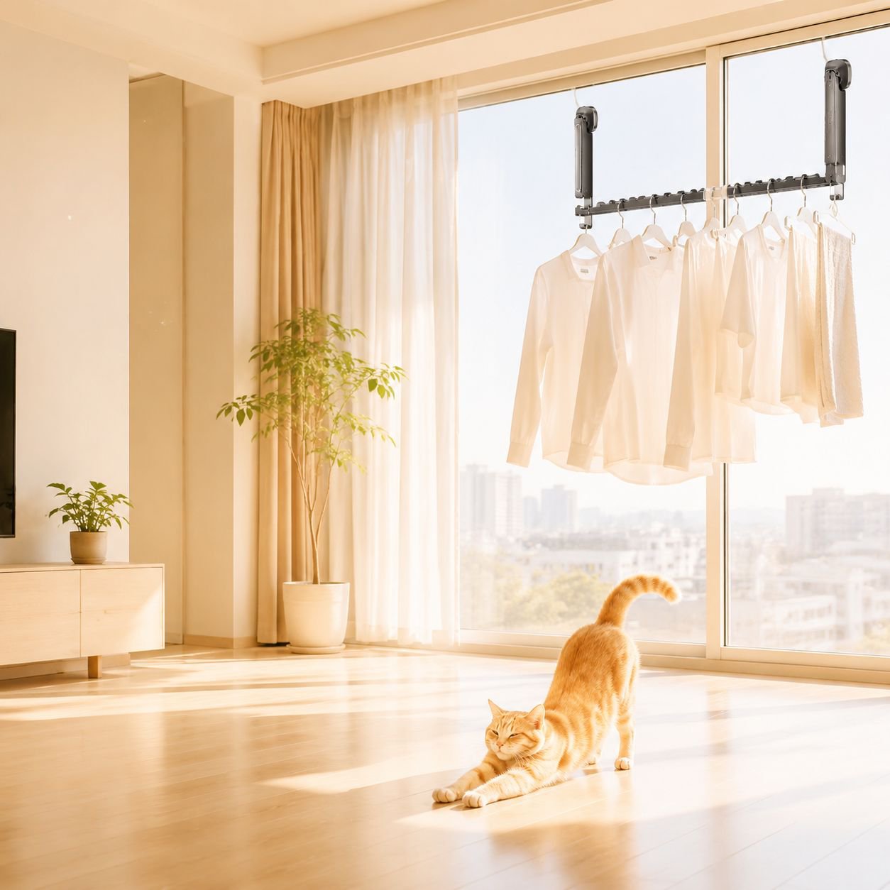깔끔하고 세련된 디자인의 발코니 건조대