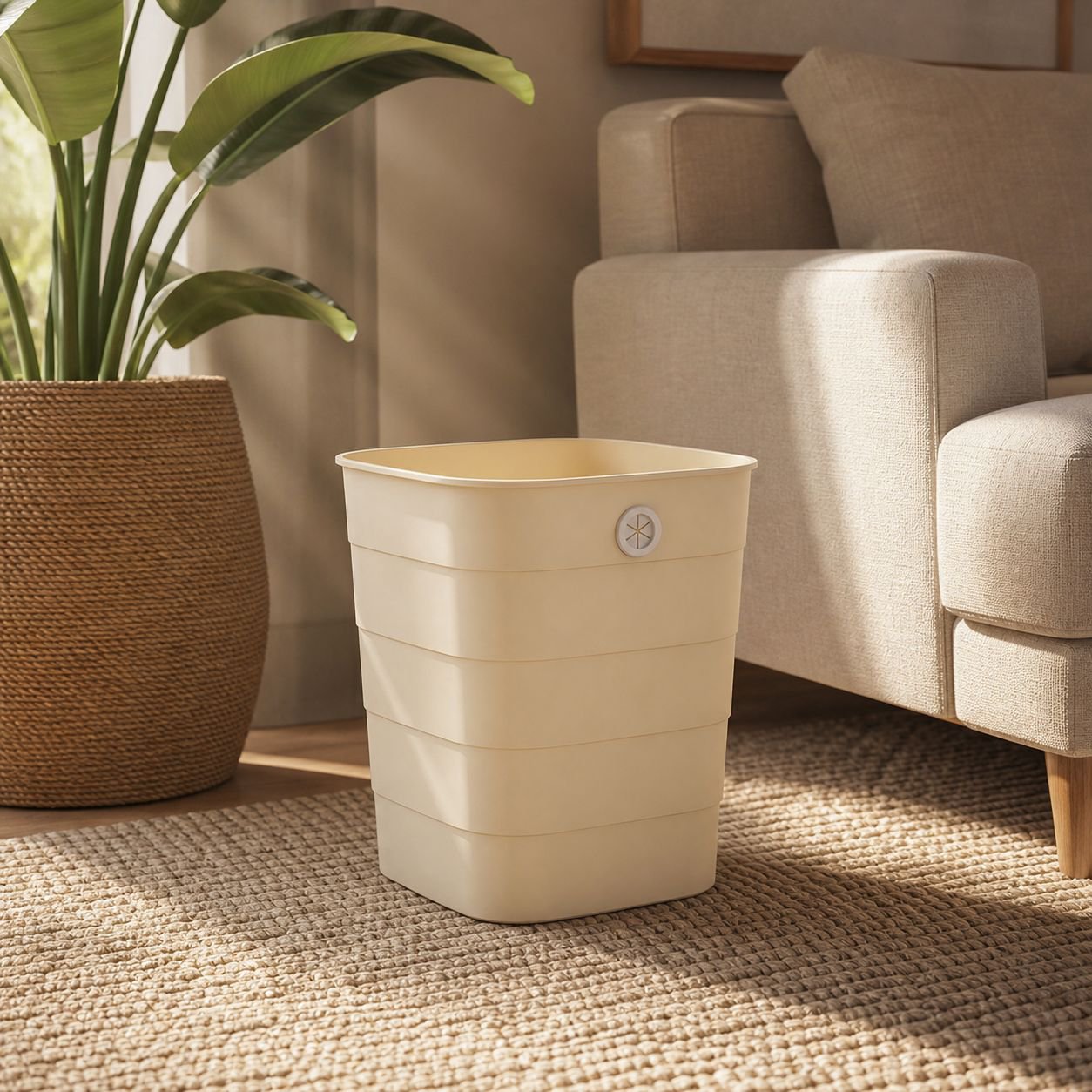 Elegant cream colored household trash can with lid