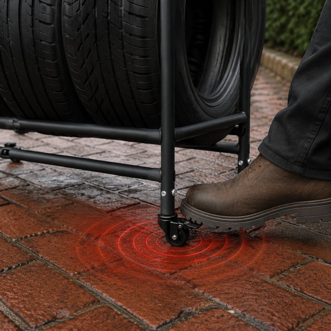 Adjustable height tire rack maximizing garage space