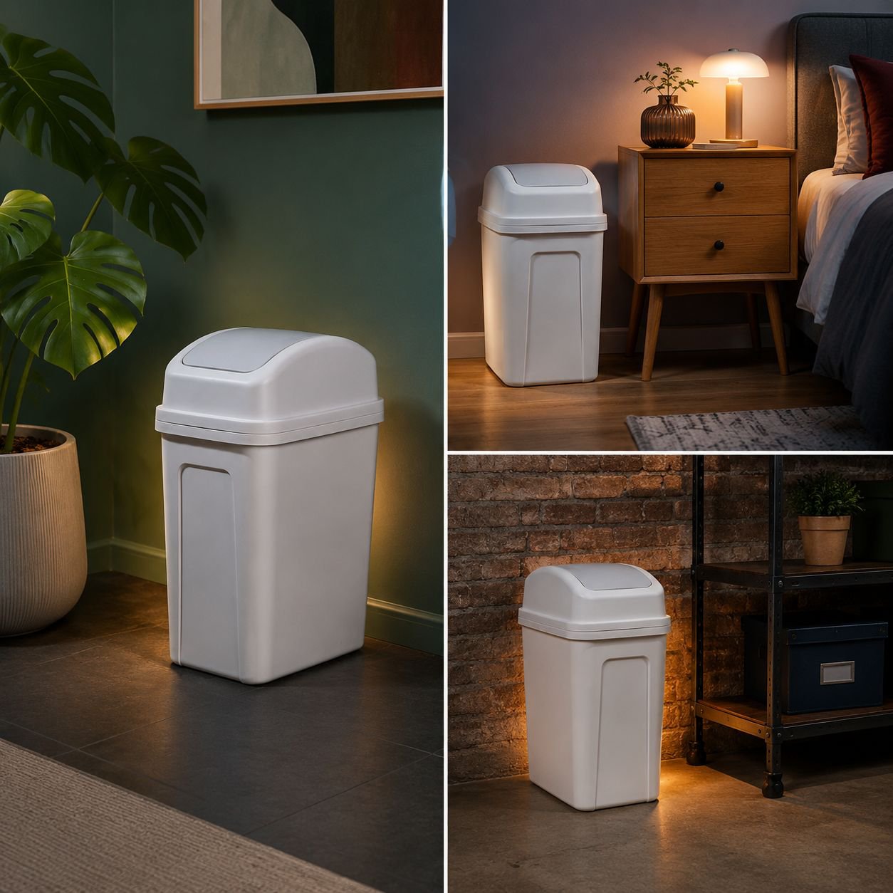 Side view of trash bin showing handle and lid mechanism