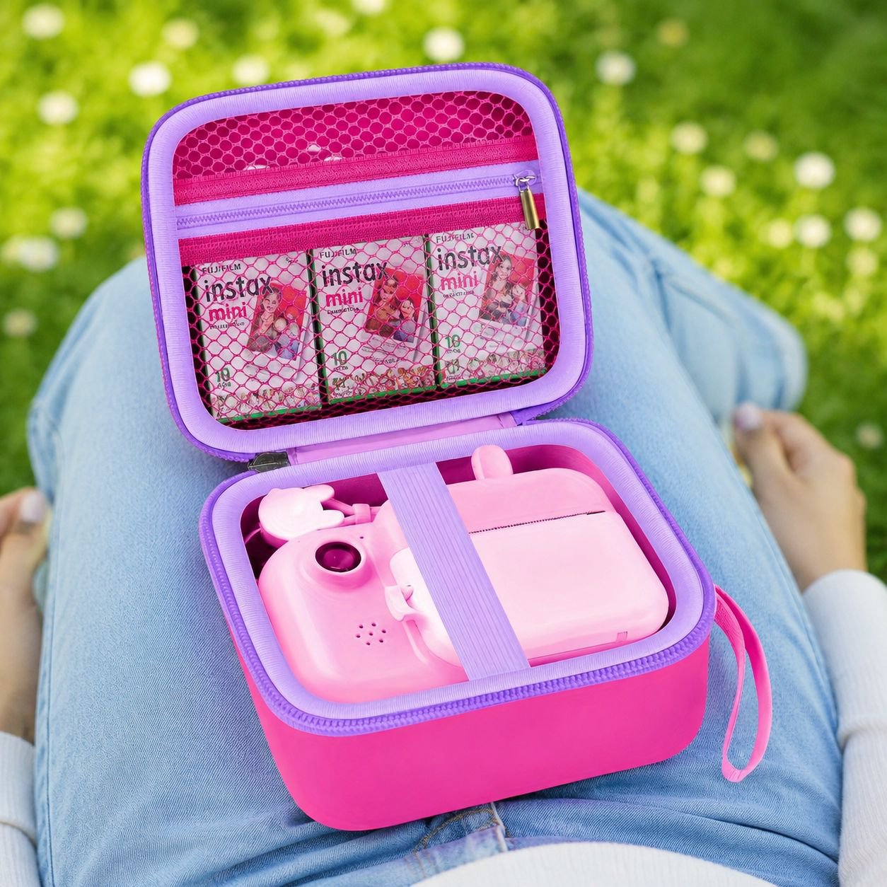Stylish pink camera organizer case for instant cameras