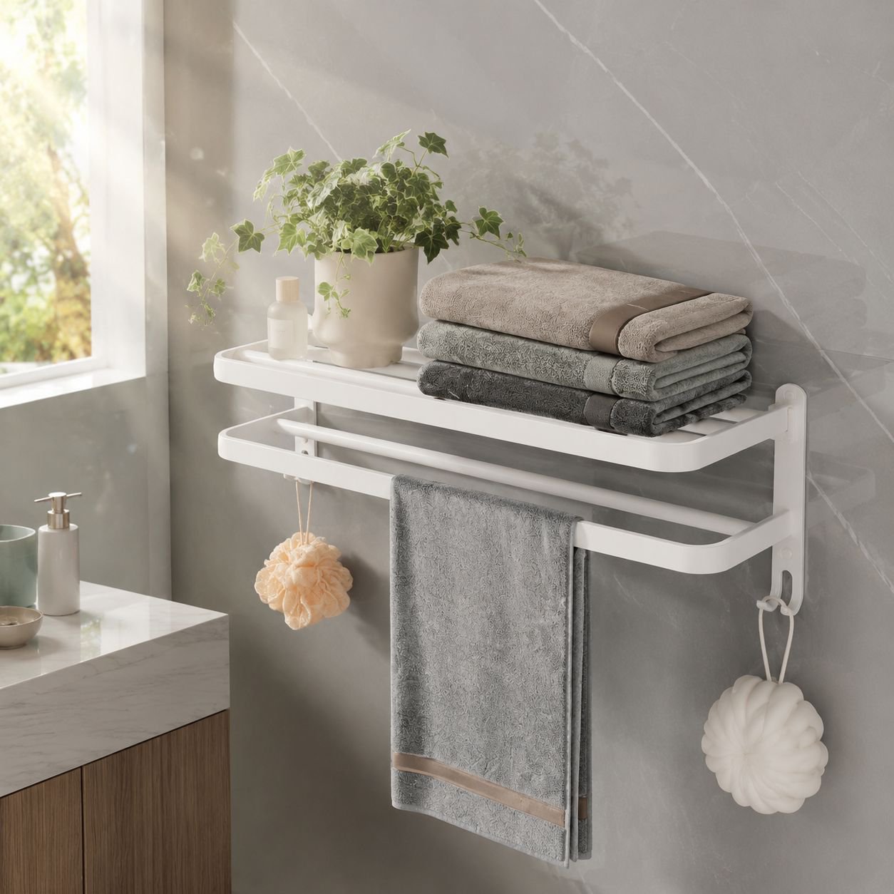 Easy to install no-drill towel rack in bathroom