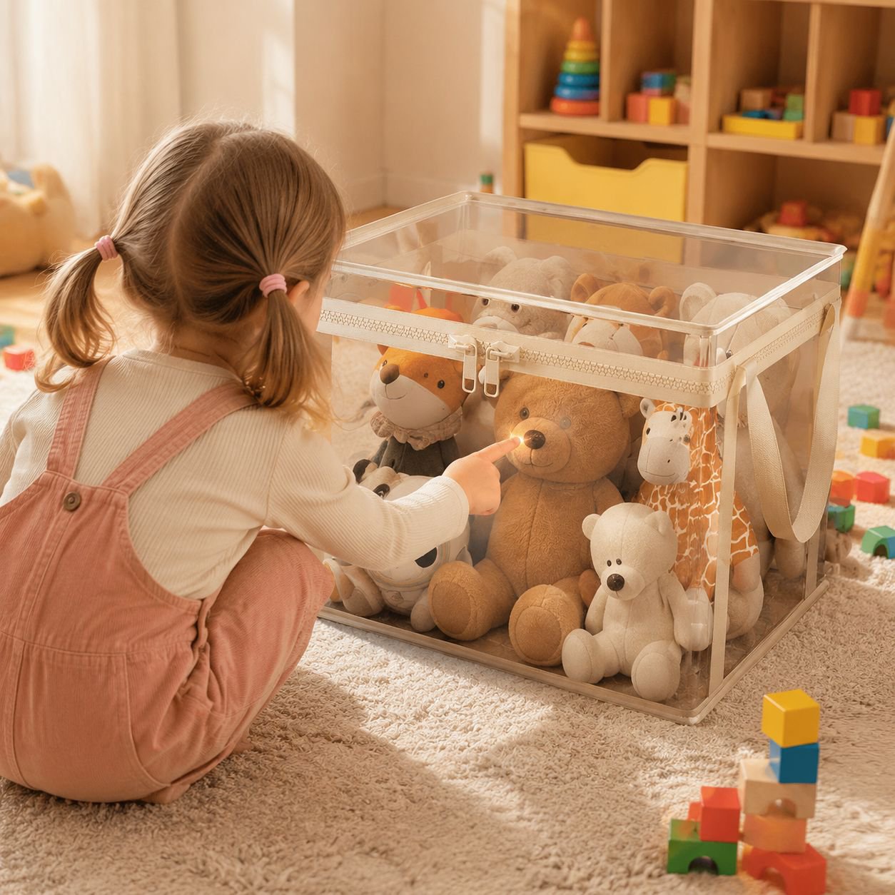 Household transparent toy storage box with lid, plush toy basket, building block and snack organizer