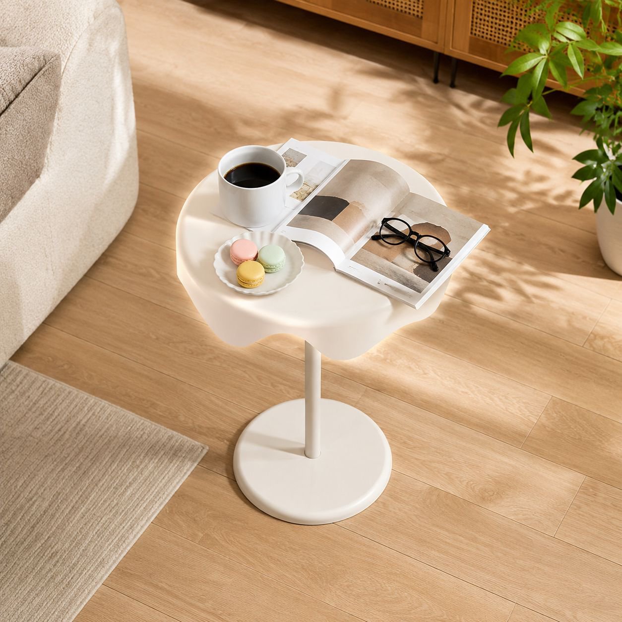 Compact movable tea table next to sofa