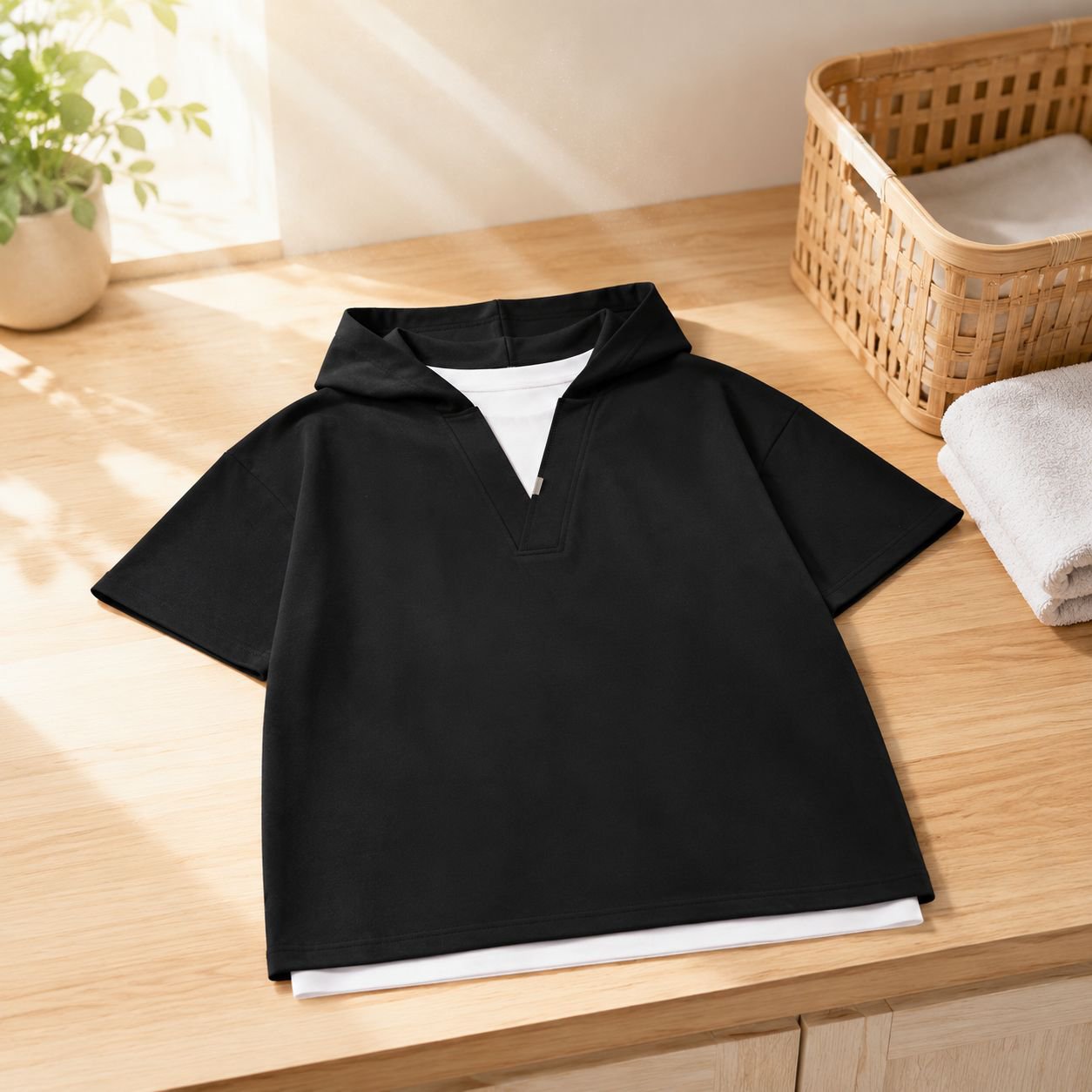 ゆったりシルエットのフード付きTシャツ素材感