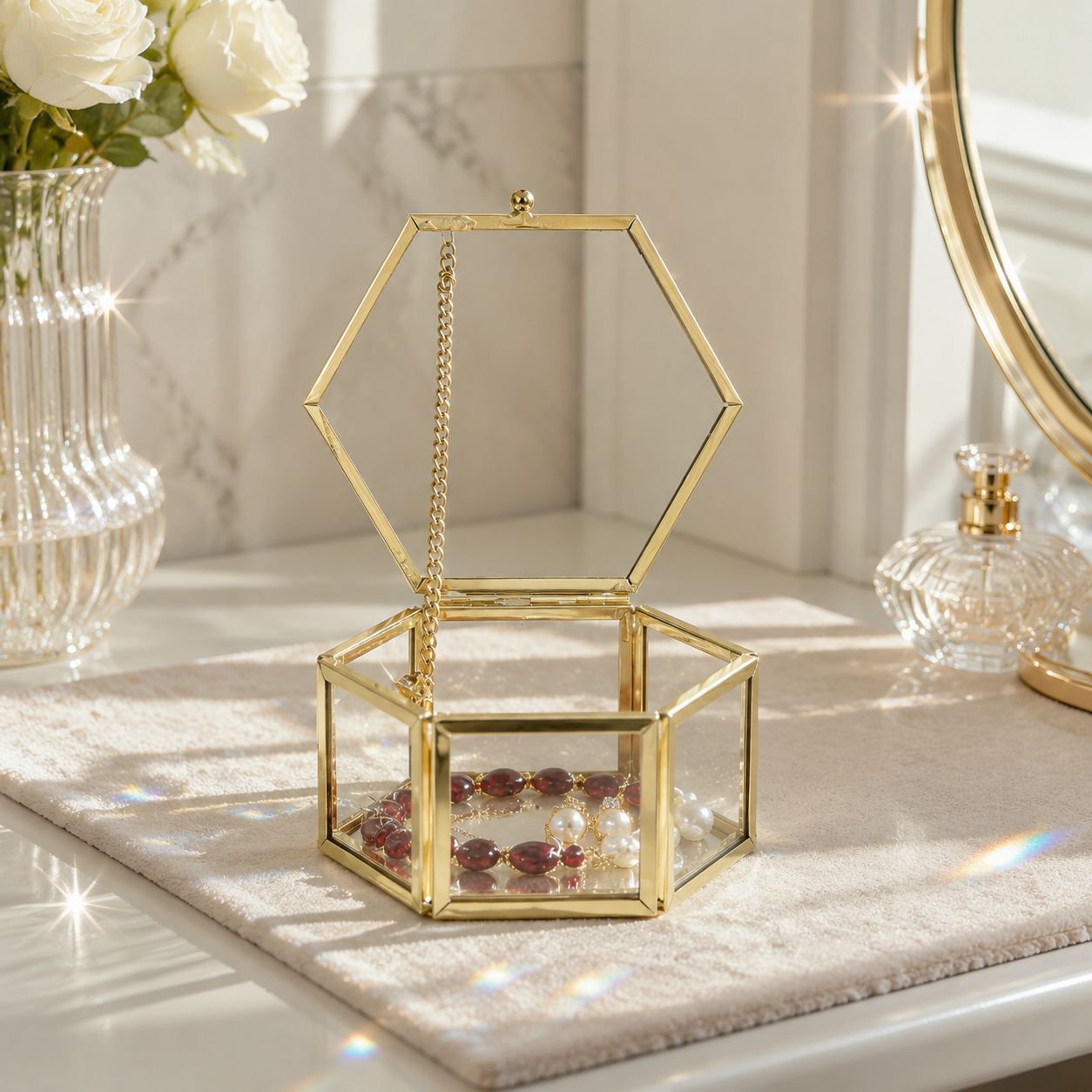 Gold frame hexagonal box holding earrings