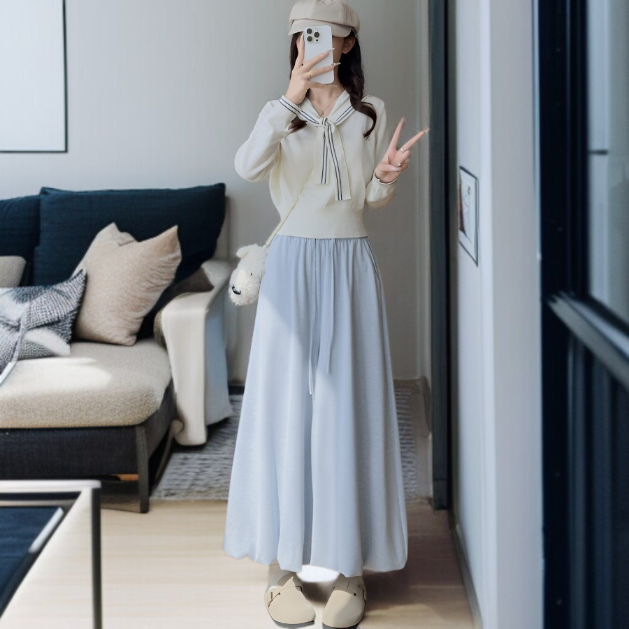 여성 하이웨스트 드롭 팬츠 찹쌀 니트 치마바지 와이드 잔키 하이웨스트 와이드 팬츠 나른 치마바지