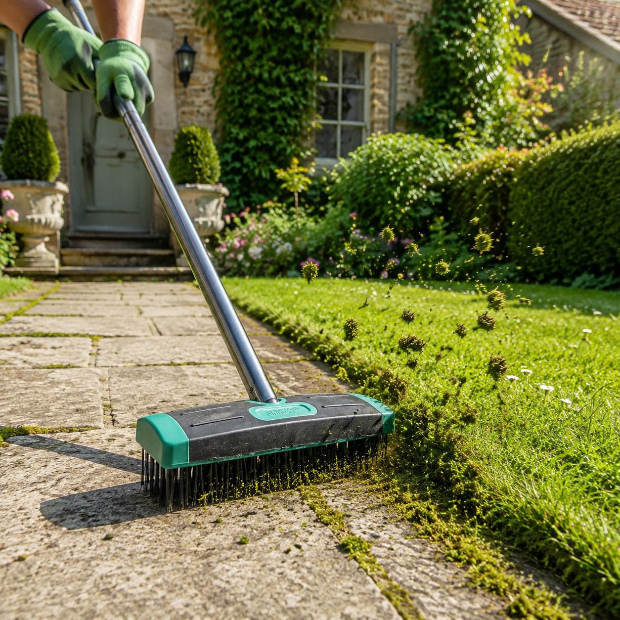 Weed removal brush cleaning driveway cracks