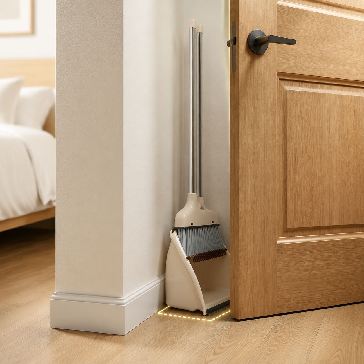 Ergonomic handle on broom and dustpan set