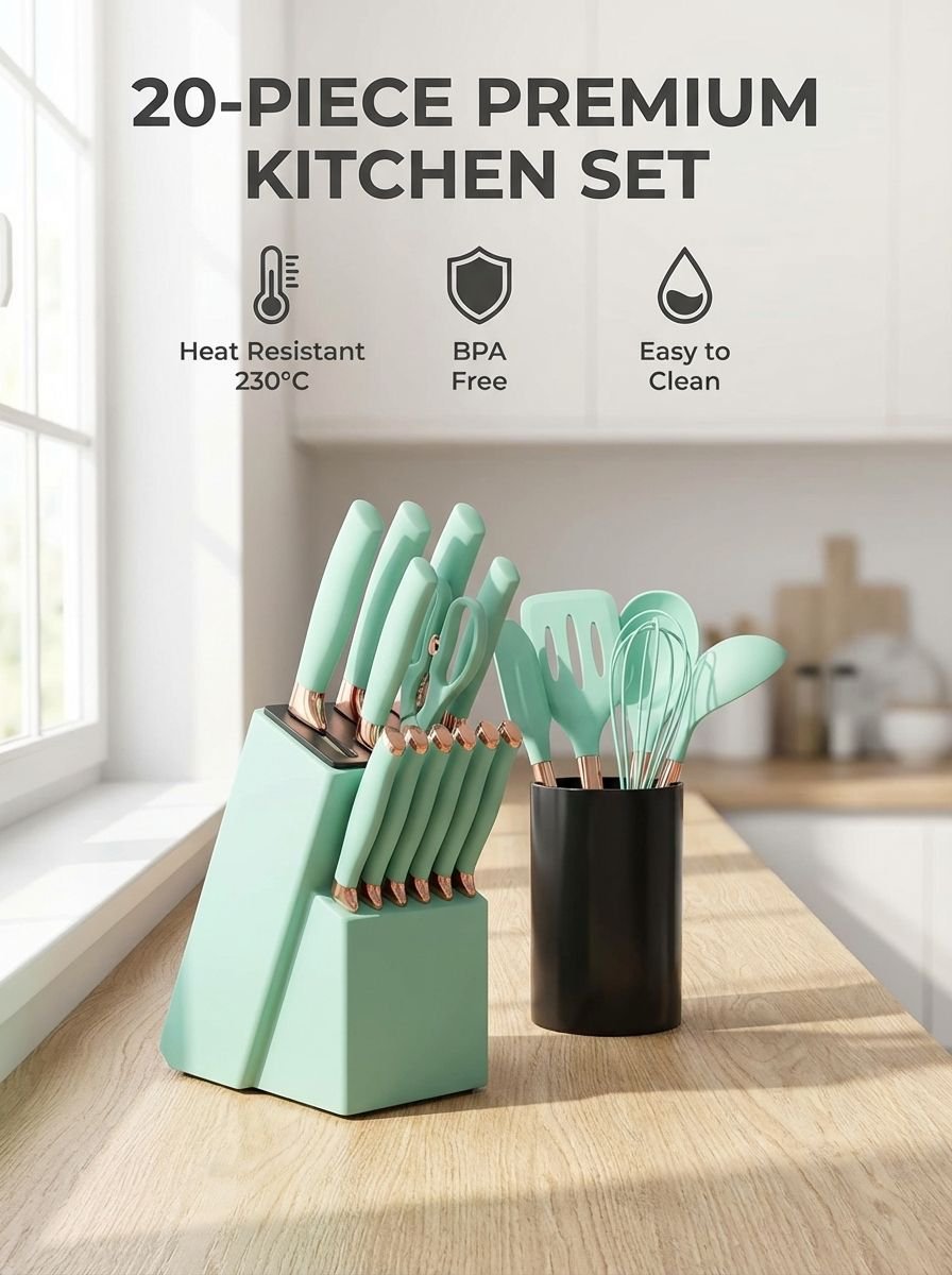 Complete silicone kitchen utensil set with knife, spoon, and spatula