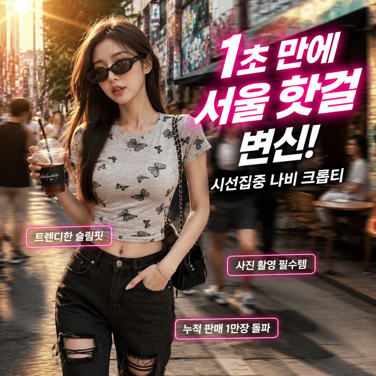 나비 프린트 셔링 라운드넥 반팔 티셔츠 여성 여름 슬림 숏탑