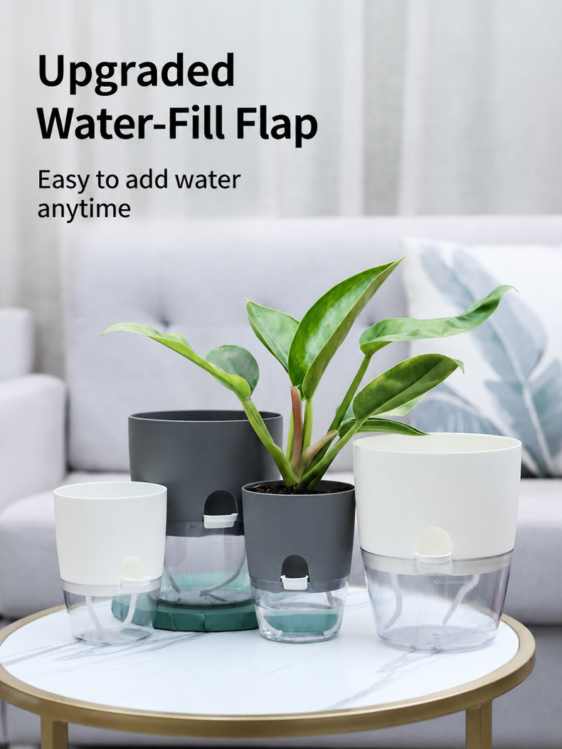 Transparent water tank for monitoring planter water level