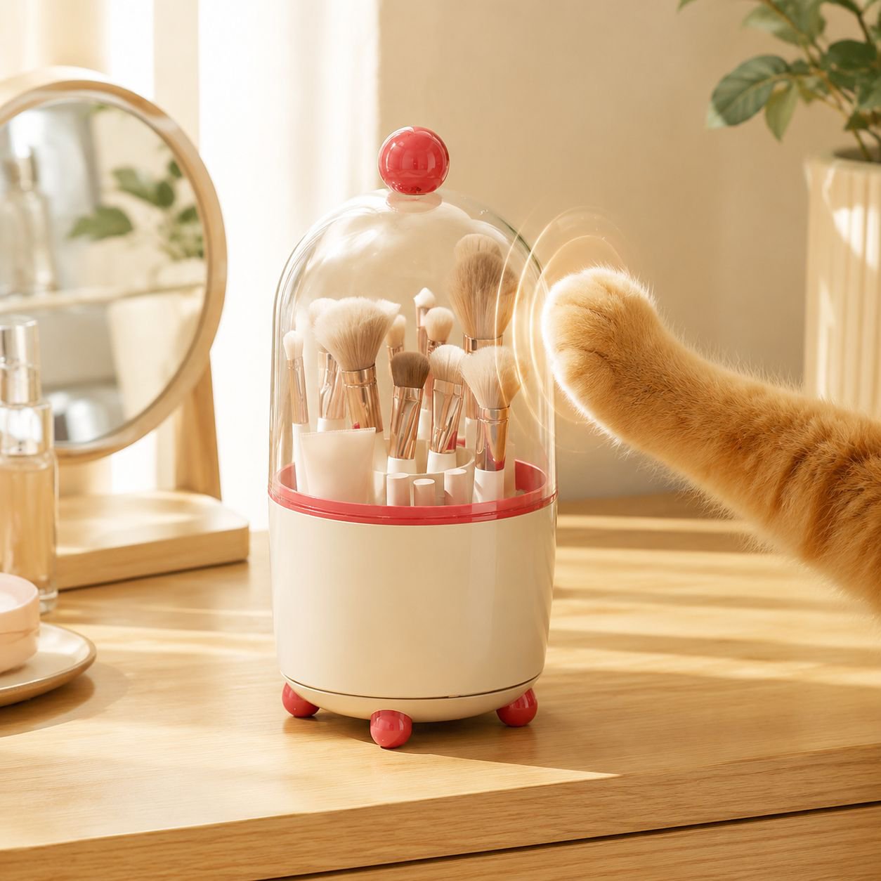 Transparent light luxury desktop cosmetic organizer with rotating bucket on vanity