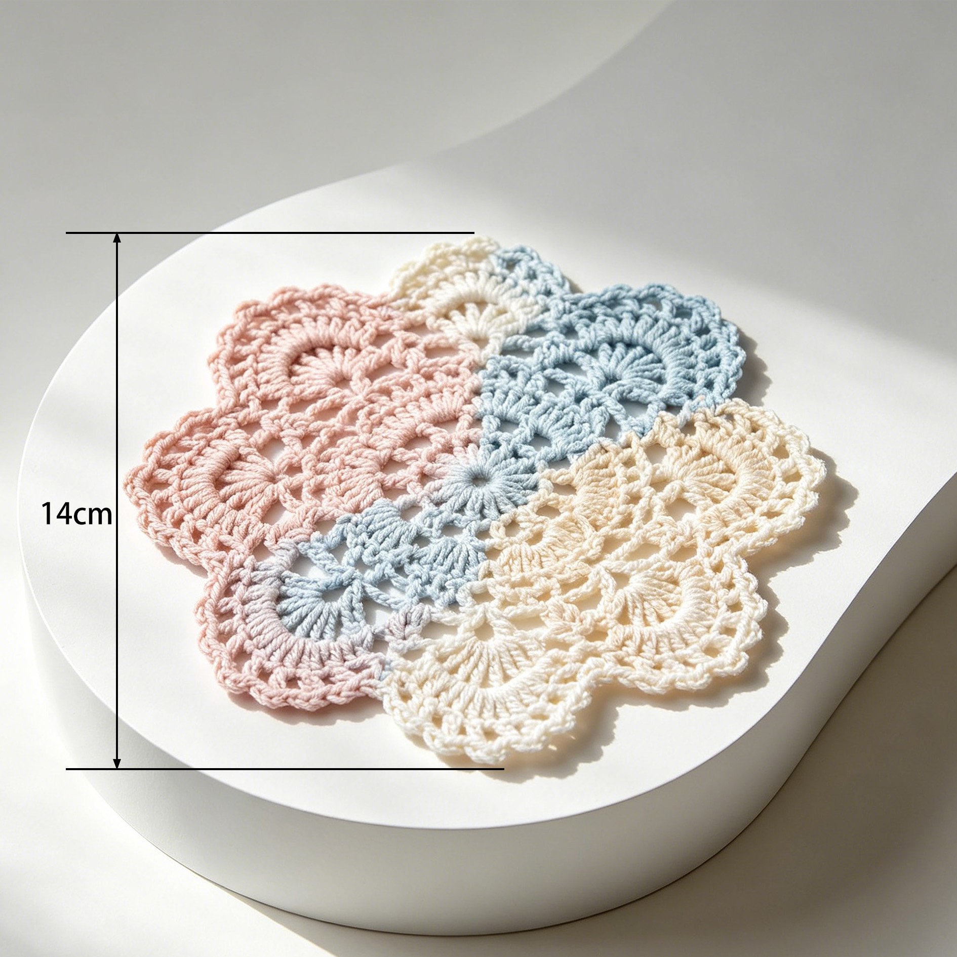 Handmade crochet lace tablecloth set of 4 displayed on dining table