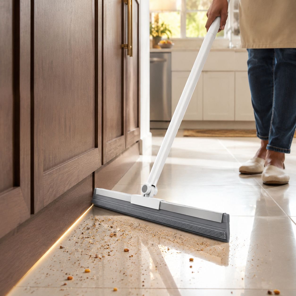 Multi-purpose floor scraper on hardwood floor