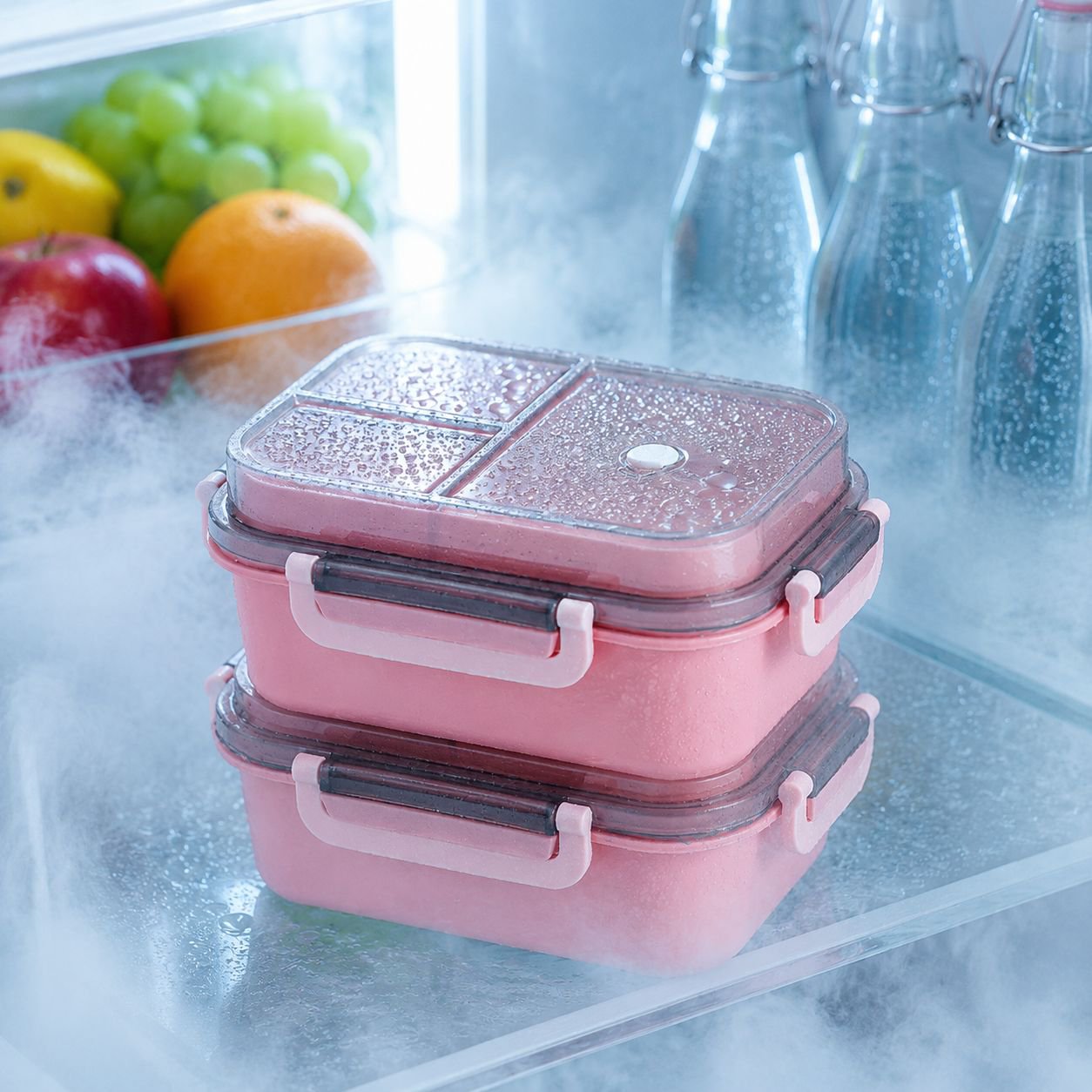 Geöffnete Lunchbox mit frischem Obst und Gemüse befüllt
