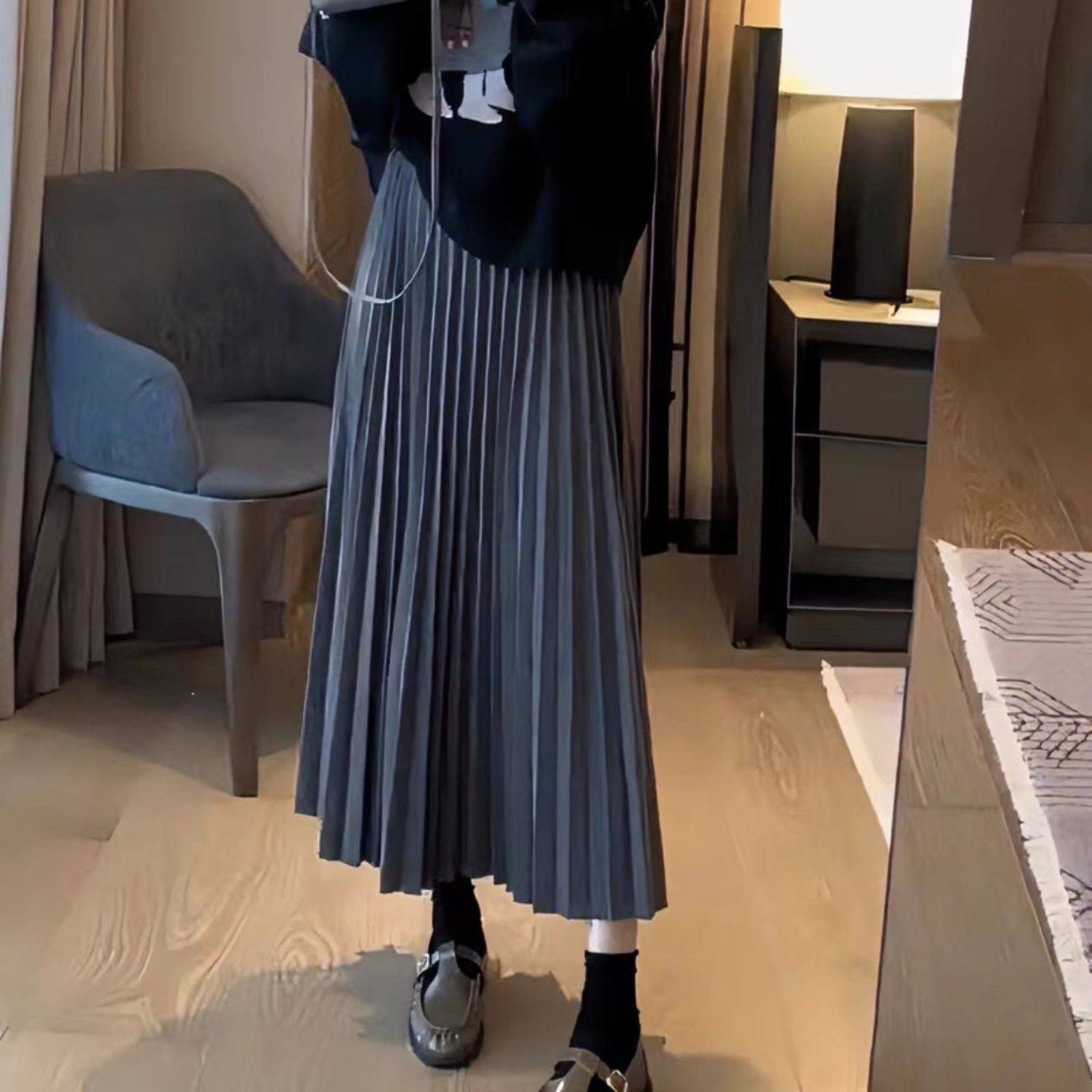 Brelira - 秋冬ロングプリーツスカート、ハイウエスト、スリムに見えるウールプリーツマキシスカート、プロフェッショナルロングスカート