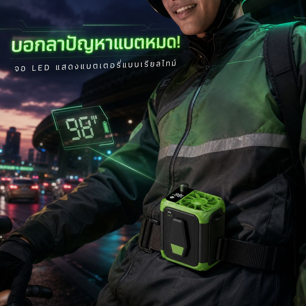 พัดลมพกพาติดเอวสำหรับไซต์งาน ลมแรง เย็นสบายกลางแจ้ง