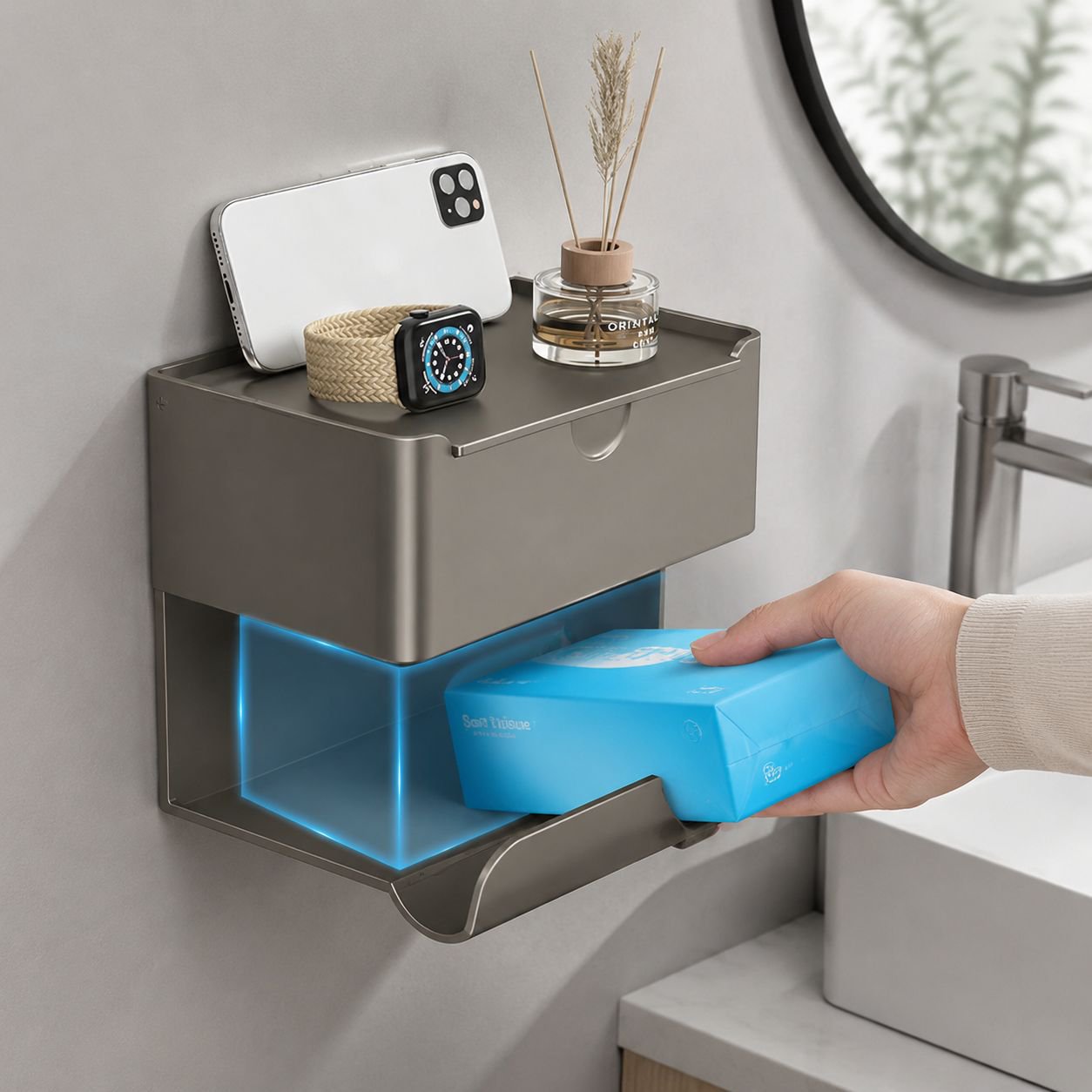 Bathroom tissue holder with secure wall attachment