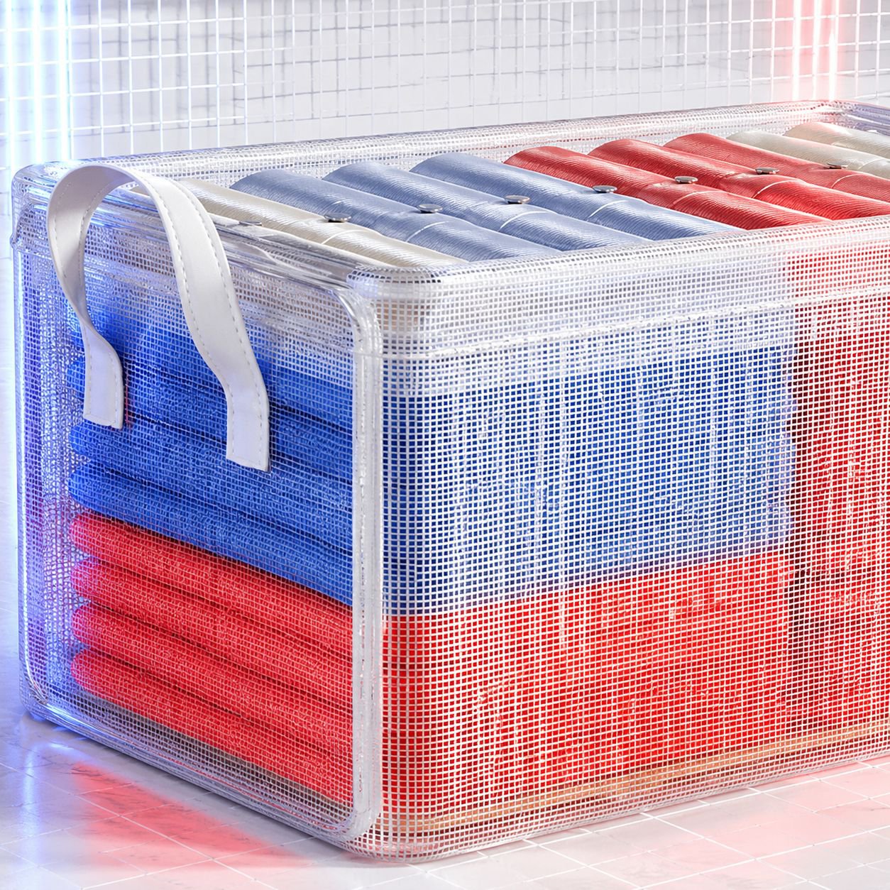 Multiple clear storage boxes stacked for efficient organization
