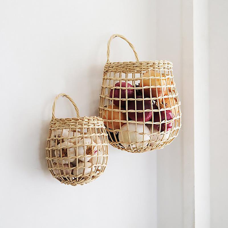 Nordic Woven Rattan Basket for Kitchen Garlic and Ginger Storage, Wall-Mounted Hanging Basket