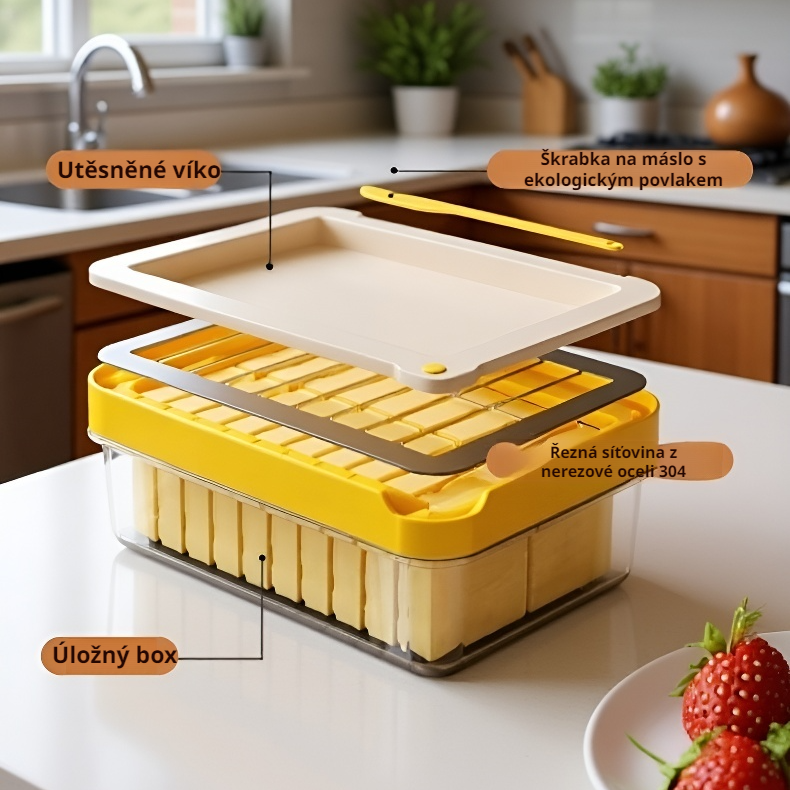 Krabička na máslo s nožem a těsněním pro skladování a krájení