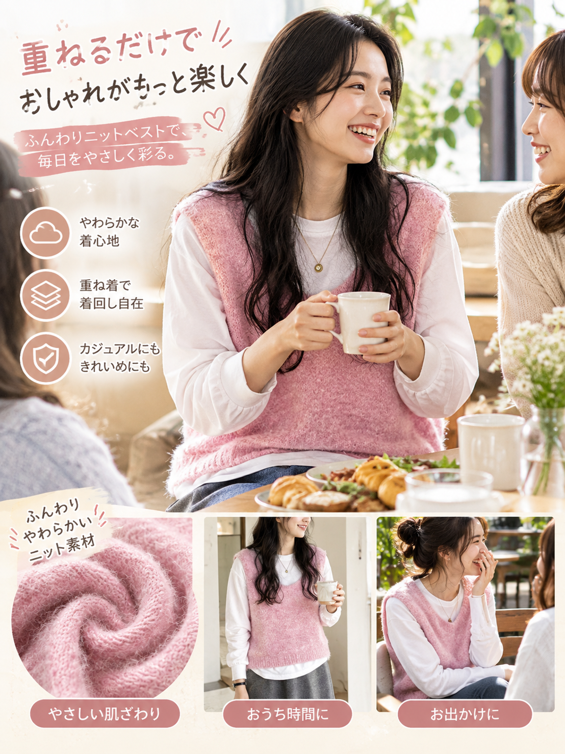 韓国風春新作無地ニットベスト（女性用）、Uネックキャミソールノースリーブトップス、ゆったりレイヤードベスト（女性用）。