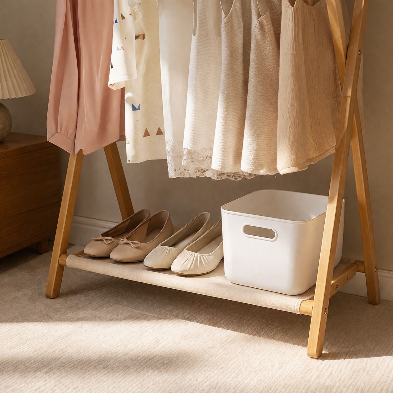Odorless bamboo garment rack with hanging clothes