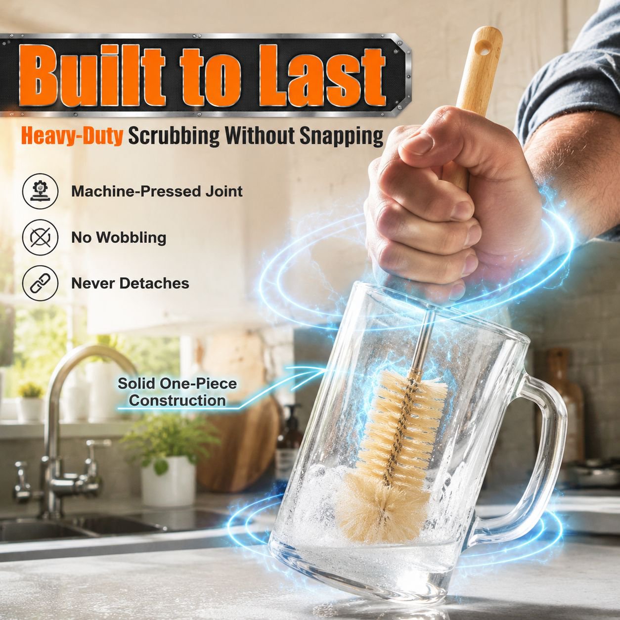Long Wooden Handle Cleaning Brush for Bottles, Cups, and Glassware