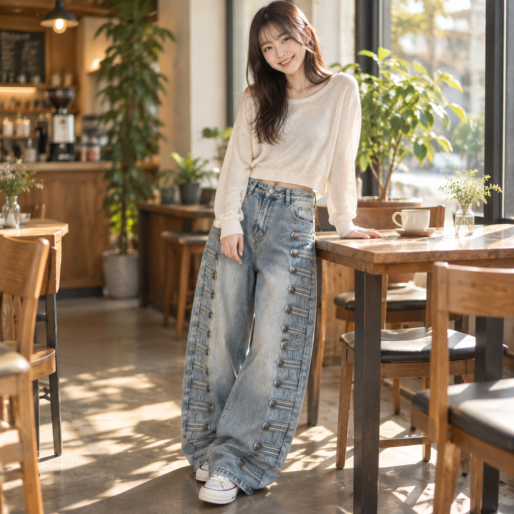 美式拿破仑宫廷风牛仔裤女新款金属扣小众设计感宽松弯刀阔腿长裤