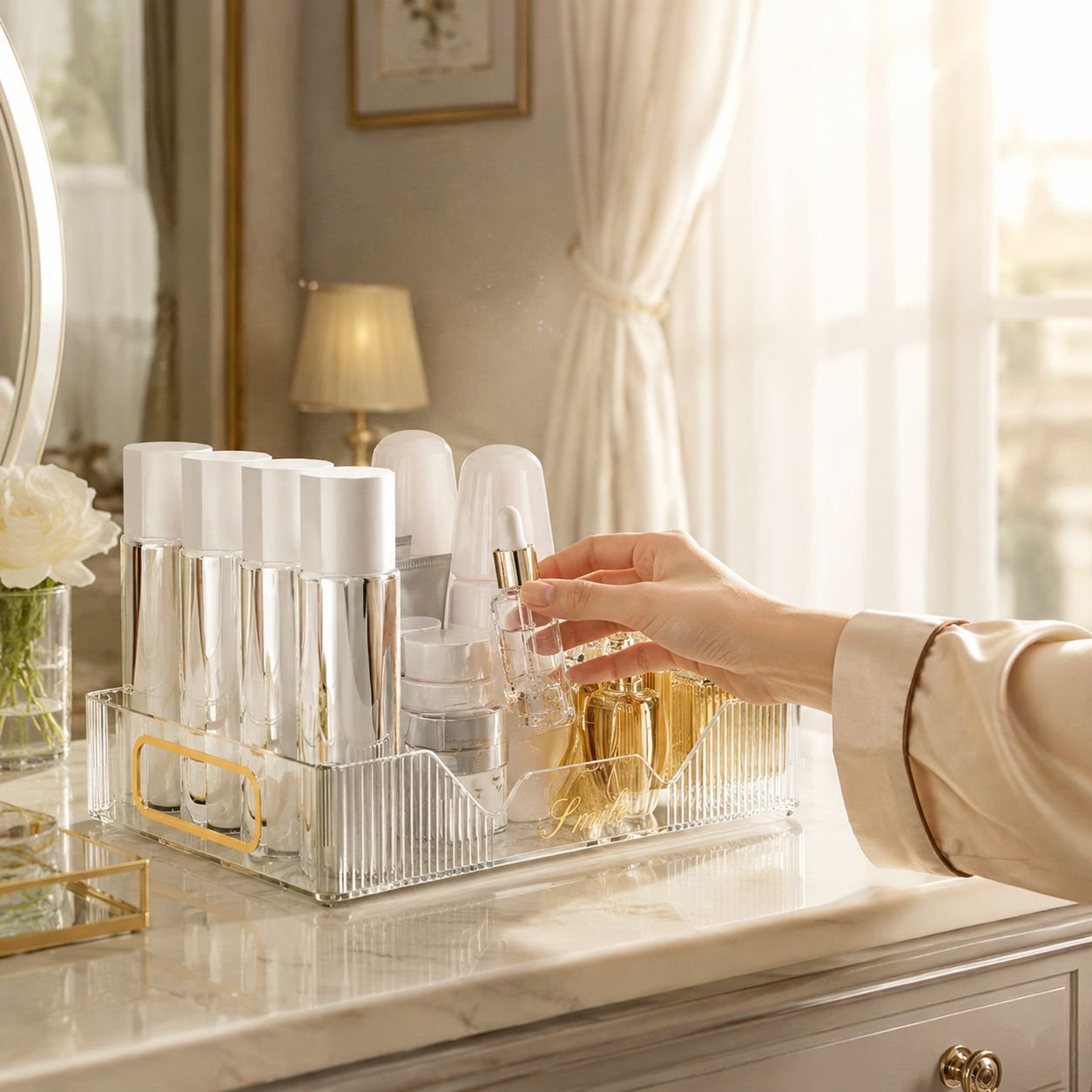 Cosmetic and skincare organizer in bathroom