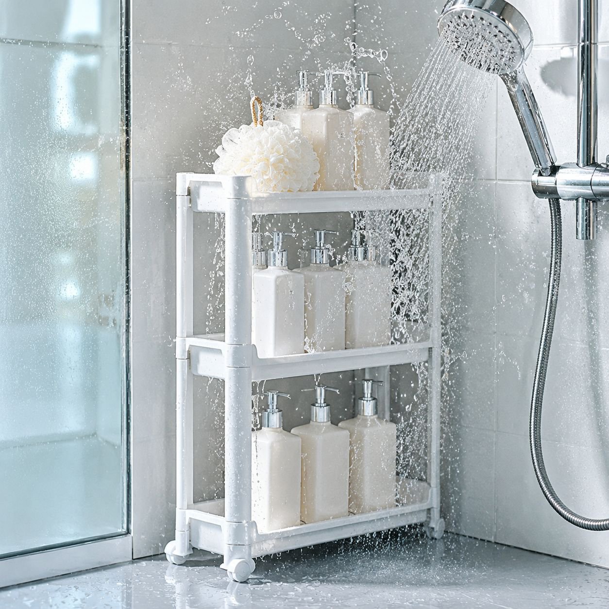 Easy-move bathroom shelf for small spaces