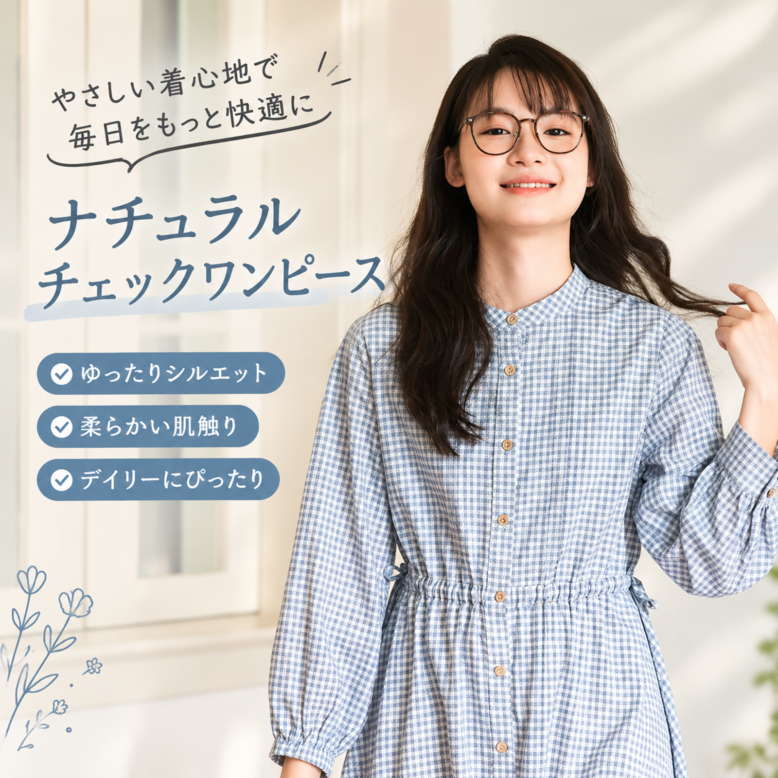 新作春秋コレクション　和風チェック柄スタンドカラーパッチワークウエストドローストリングミドル丈ワンピース（小柄な方向け）