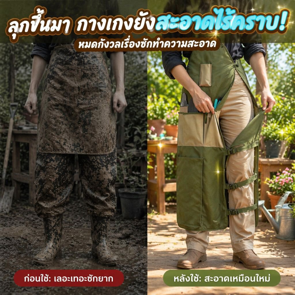 ผ้ากันเปื้อนทำสวนอเนกประสงค์ ผ้าอ็อกซ์ฟอร์ด มีกระเป๋าหลายช่อง ขยายยาว ปกป้องขา