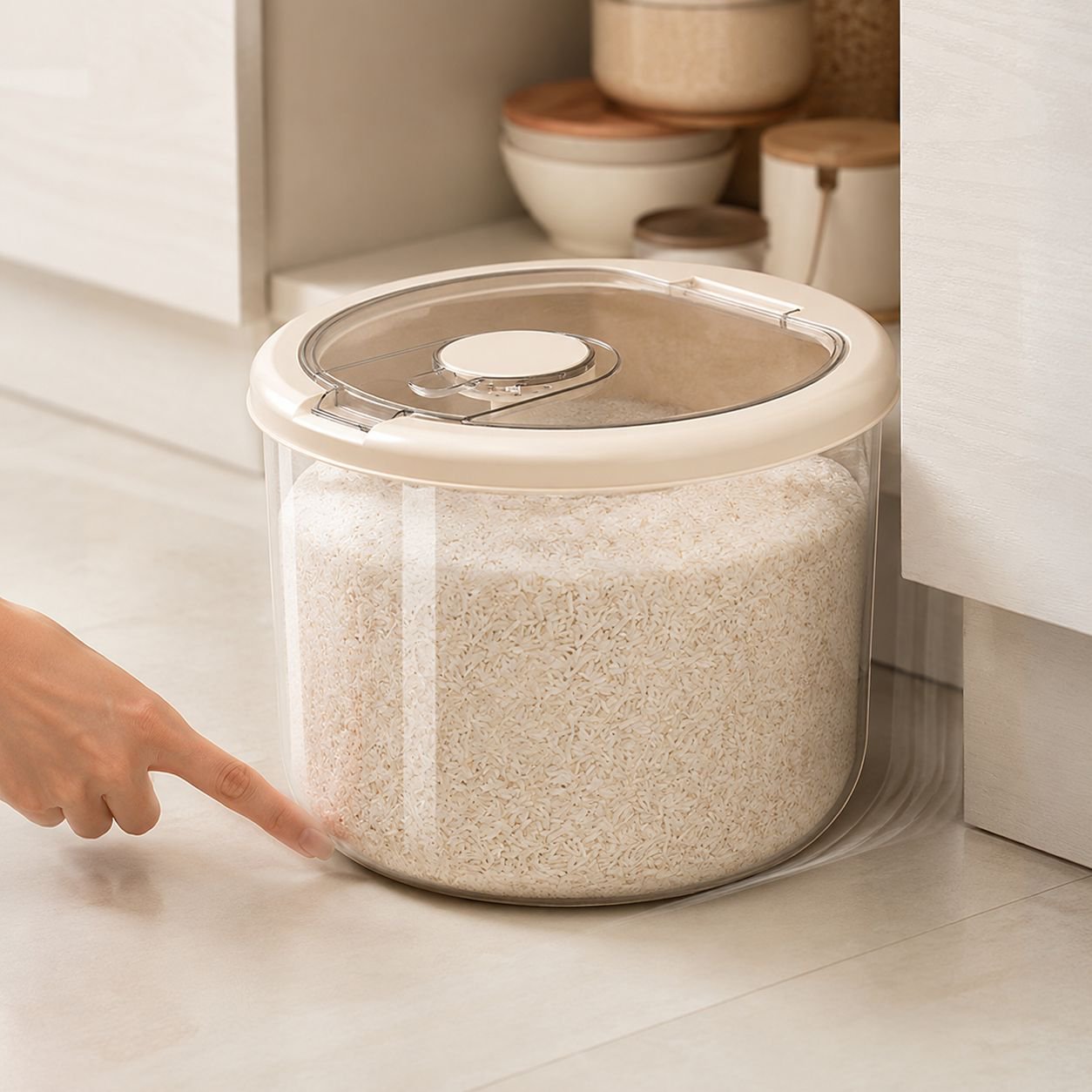 Easy-to-use airtight food storage box on countertop