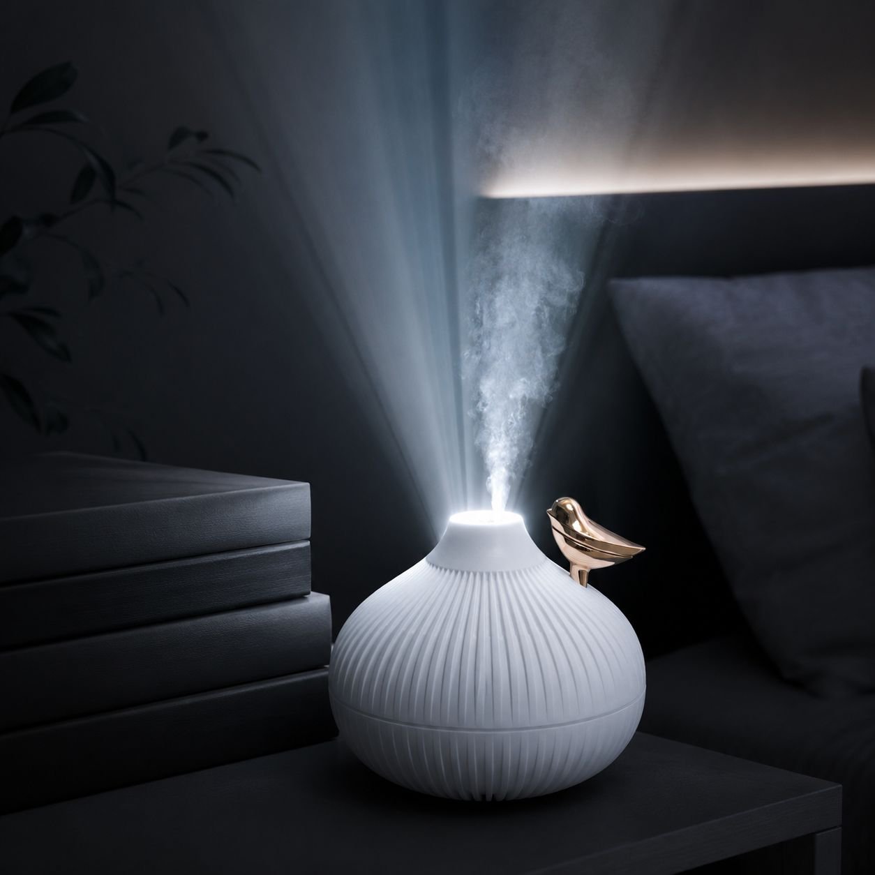 Quiet operation air humidifier with soft lighting