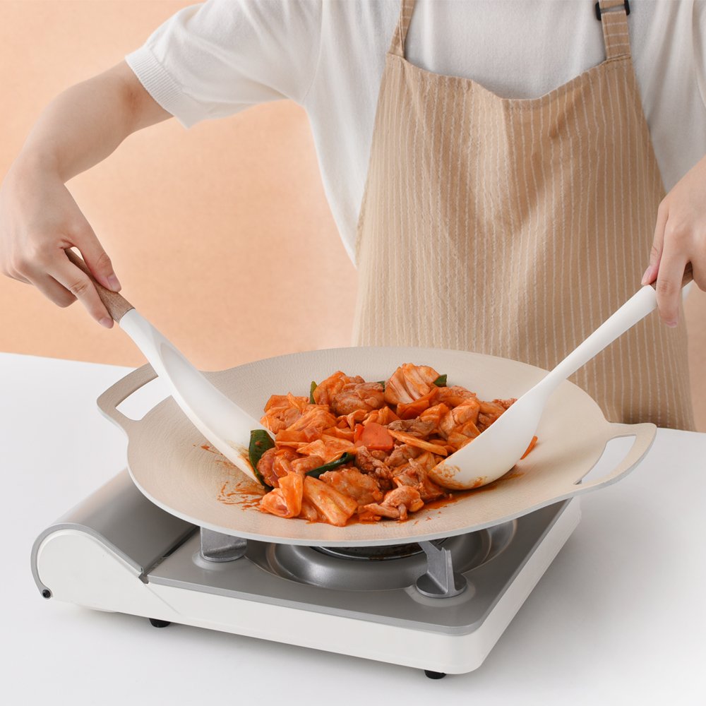 Set de lingură și spatulă din silicon cu mâner scurt din lemn