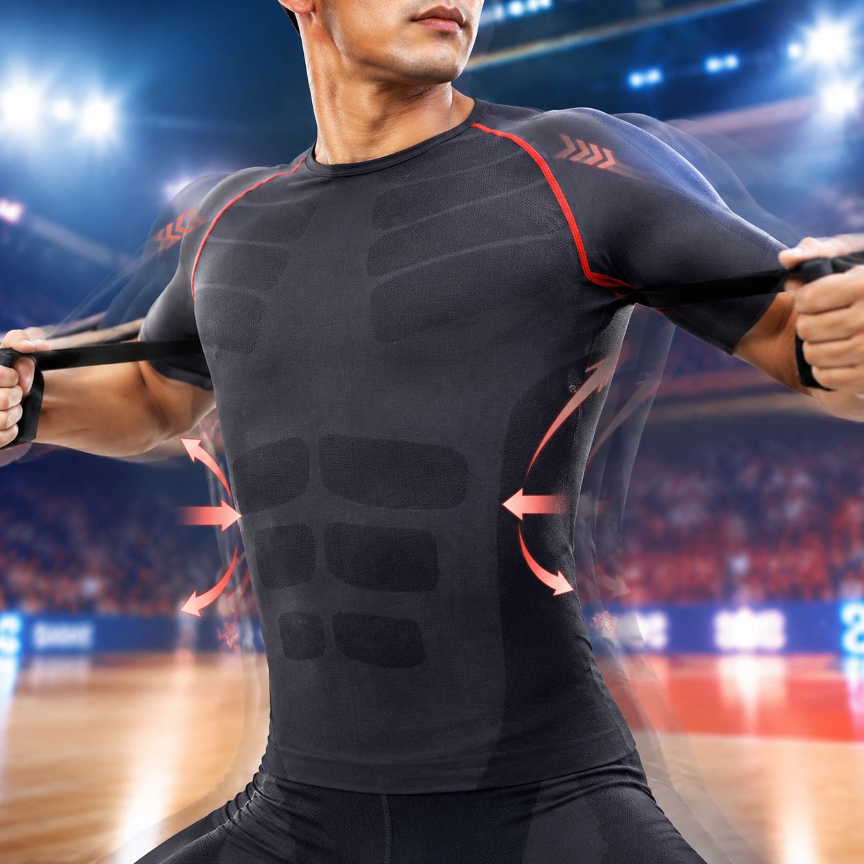 メンズスポーツ速乾タイトTシャツ、フィットネストレーニング通気トップス